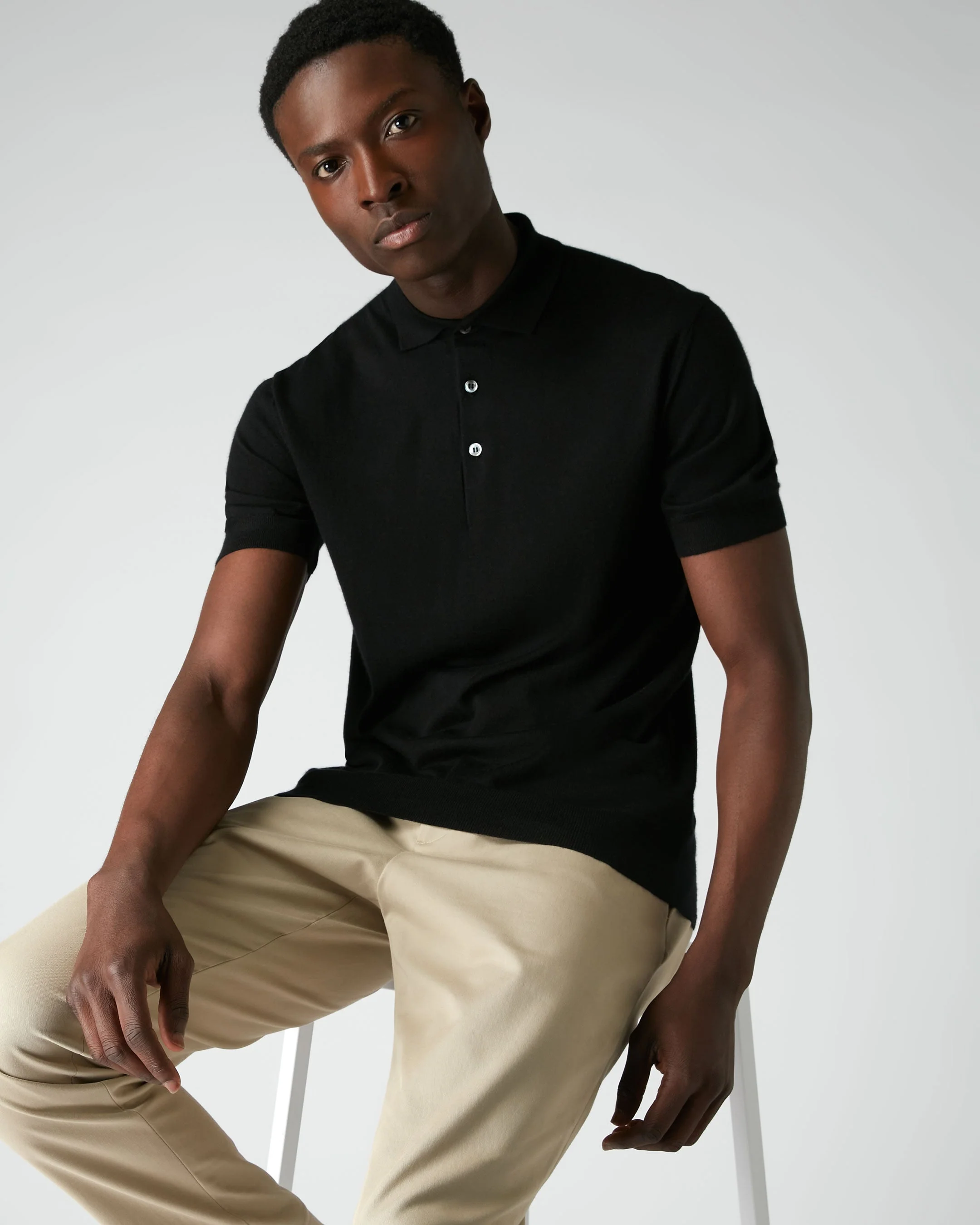 007 Fine Gauge Cashmere Polo T-Shirt Black - Image 4