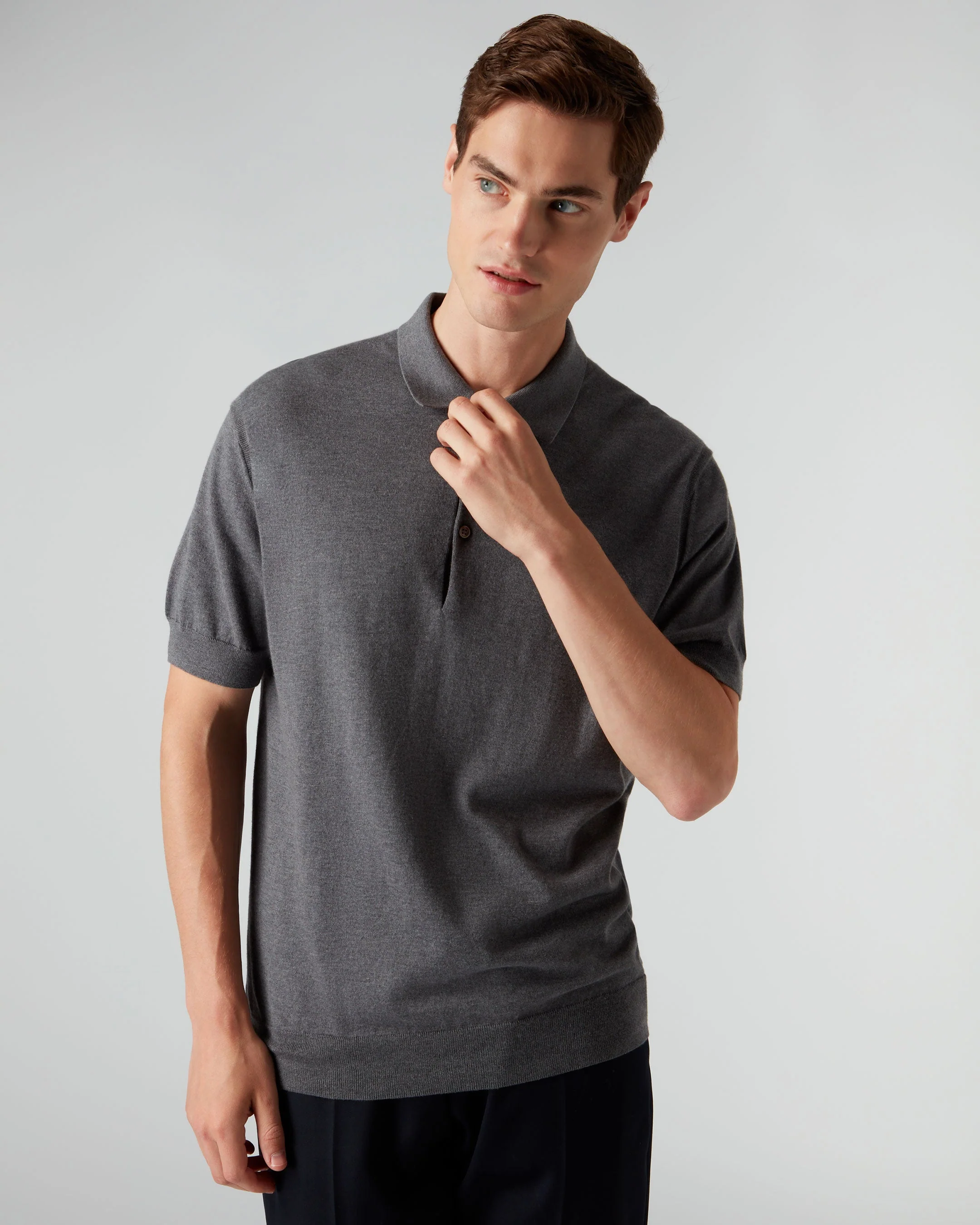 007 Short Sleeve Cotton Cashmere Collared Polo T-Shirt Smoke Grey - Image 4