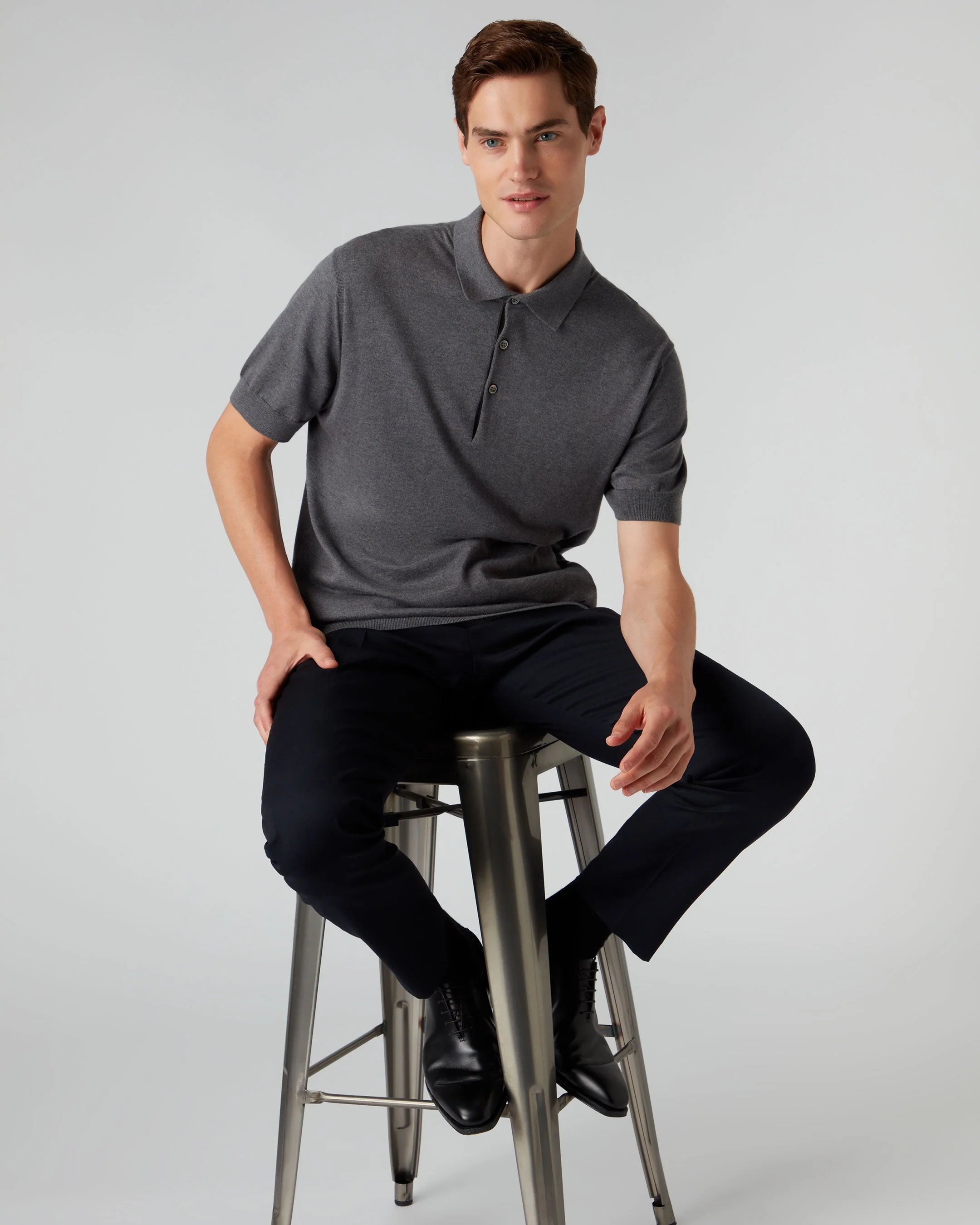 007 Short Sleeve Cotton Cashmere Collared Polo T-Shirt Smoke Grey - Image 5
