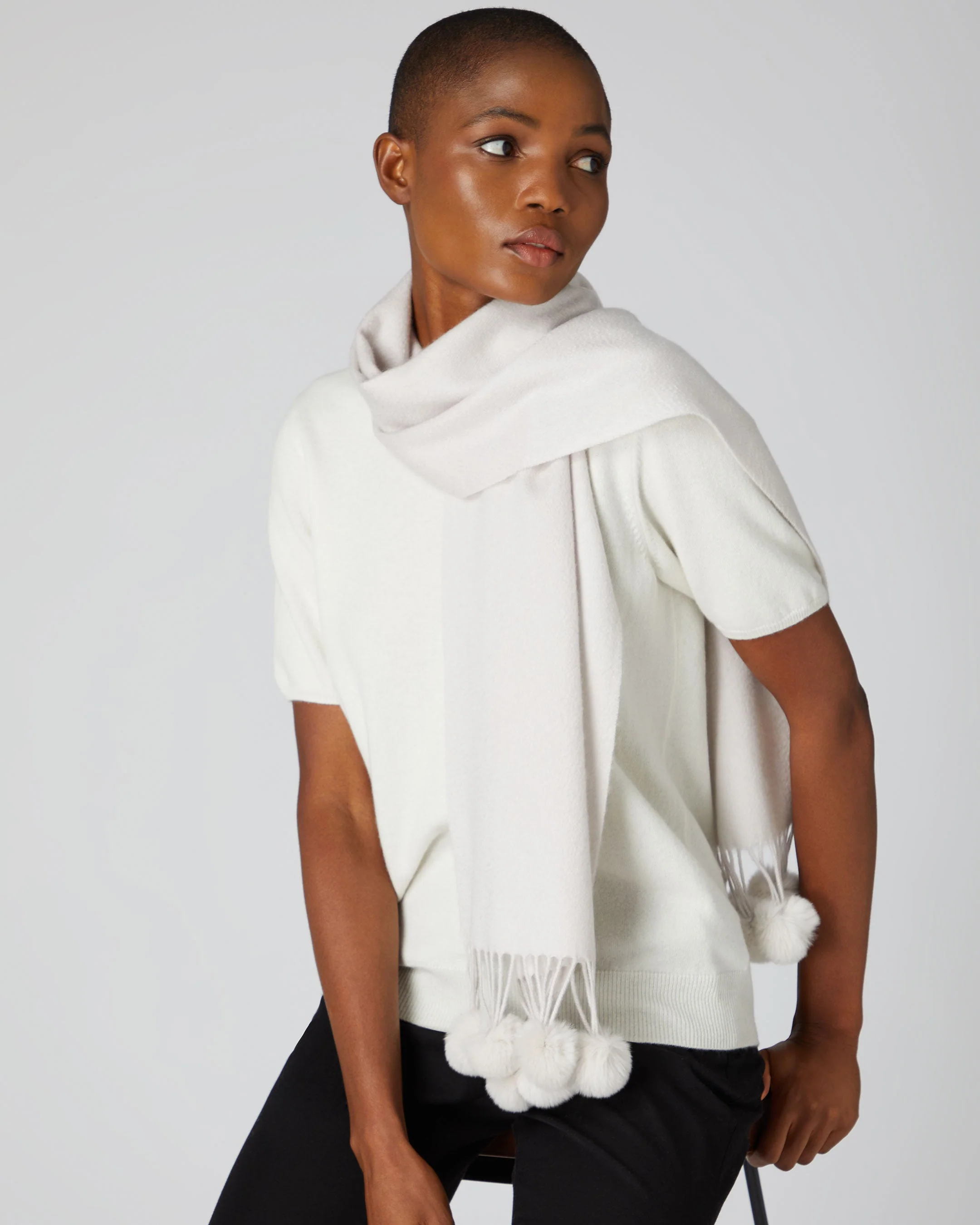 Women's Davos Fur Bobble Cashmere Scarf Snow Grey - Image 2