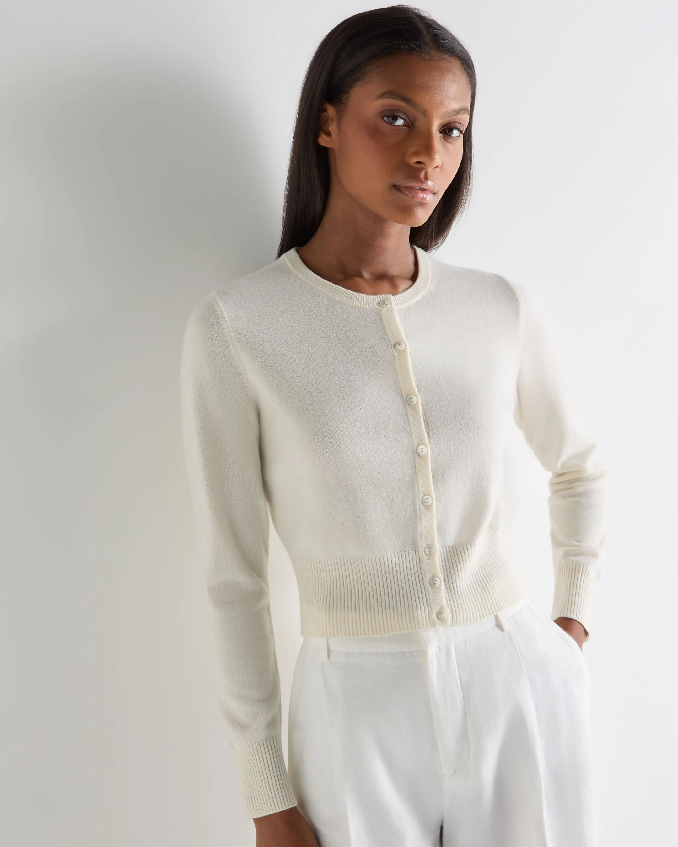 Women's Ivy Cropped Cashmere Cardigan New Ivory White - Image 5