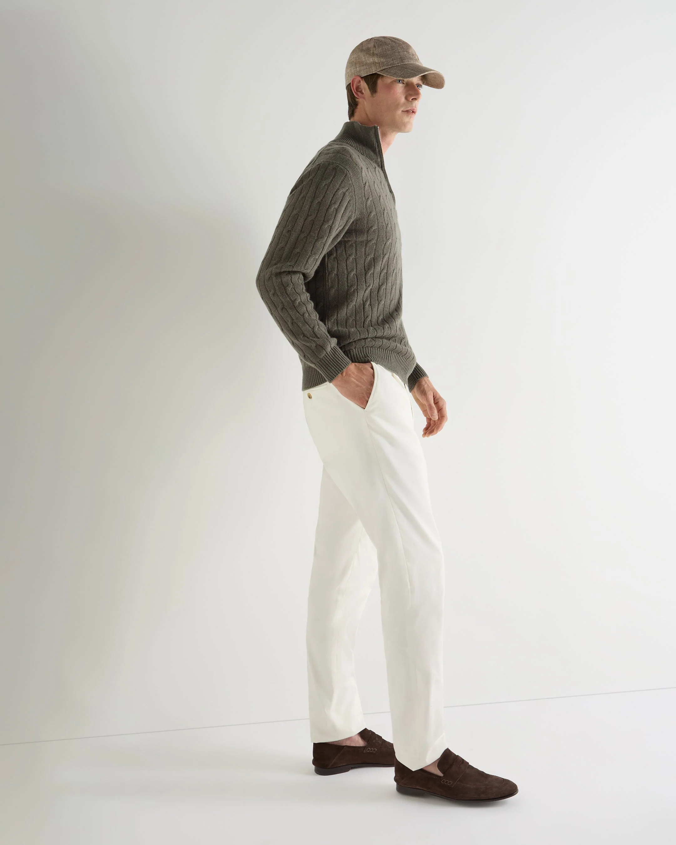 Men's Albemarle Cable Half Zip Cashmere Sweater Olive Green - Image 3