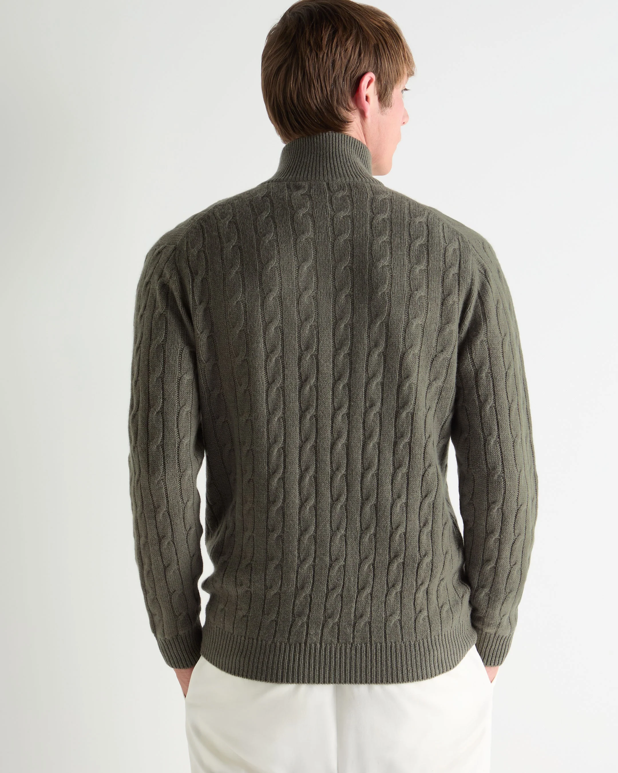Men's Albemarle Cable Half Zip Cashmere Sweater Olive Green - Image 4