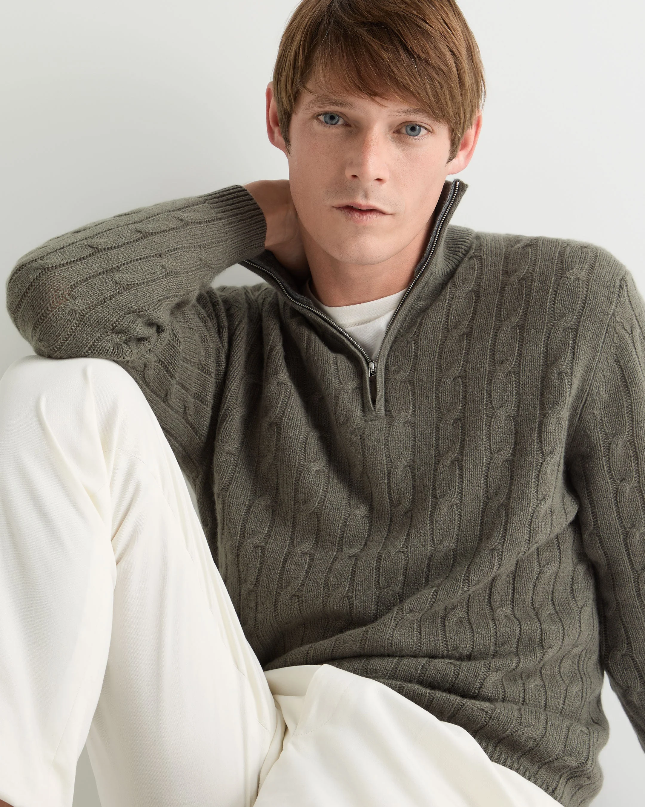 Men's Albemarle Cable Half Zip Cashmere Sweater Olive Green - Image 5