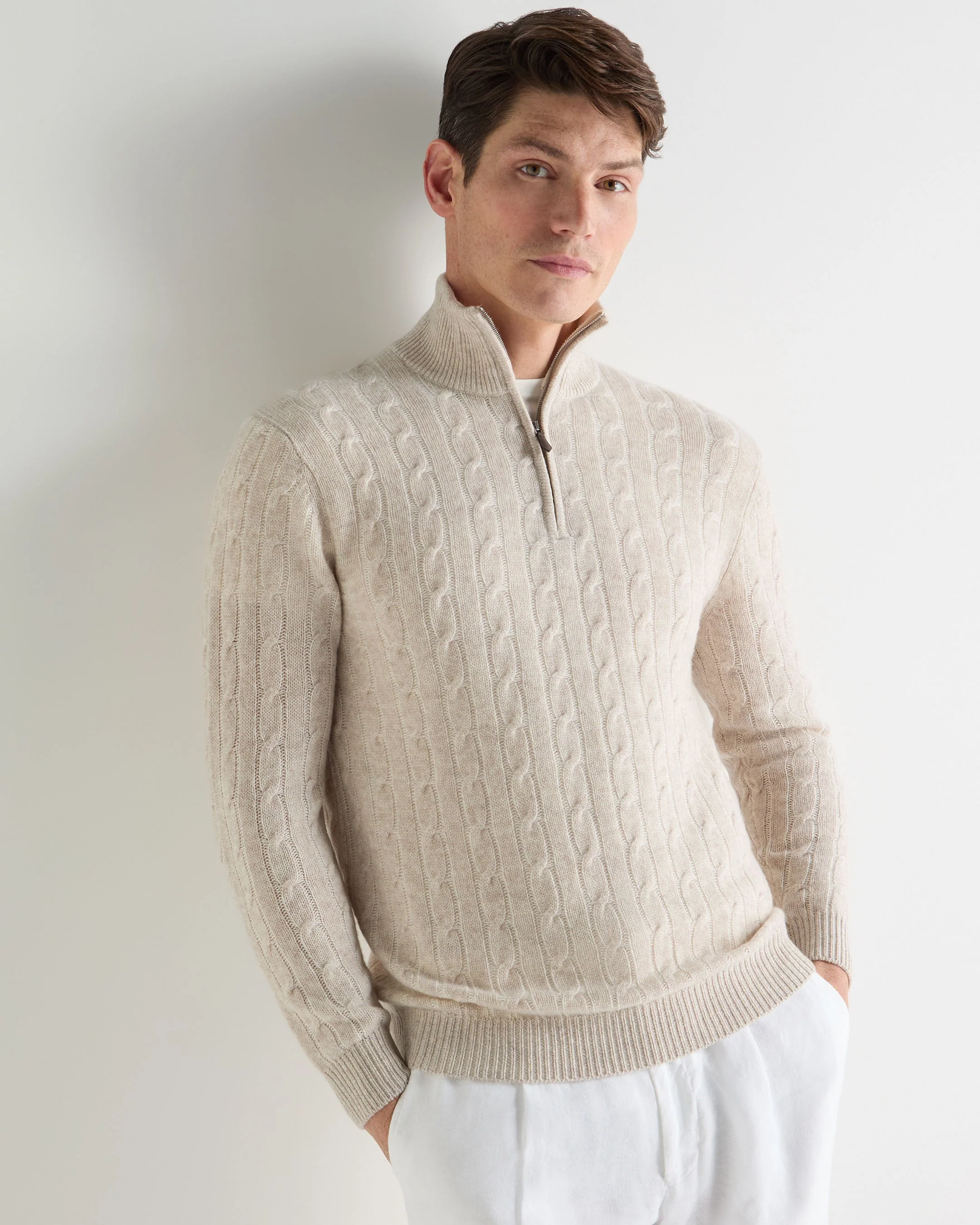 Men's Albemarle Cable Half Zip Cashmere Sweater Sand Brown