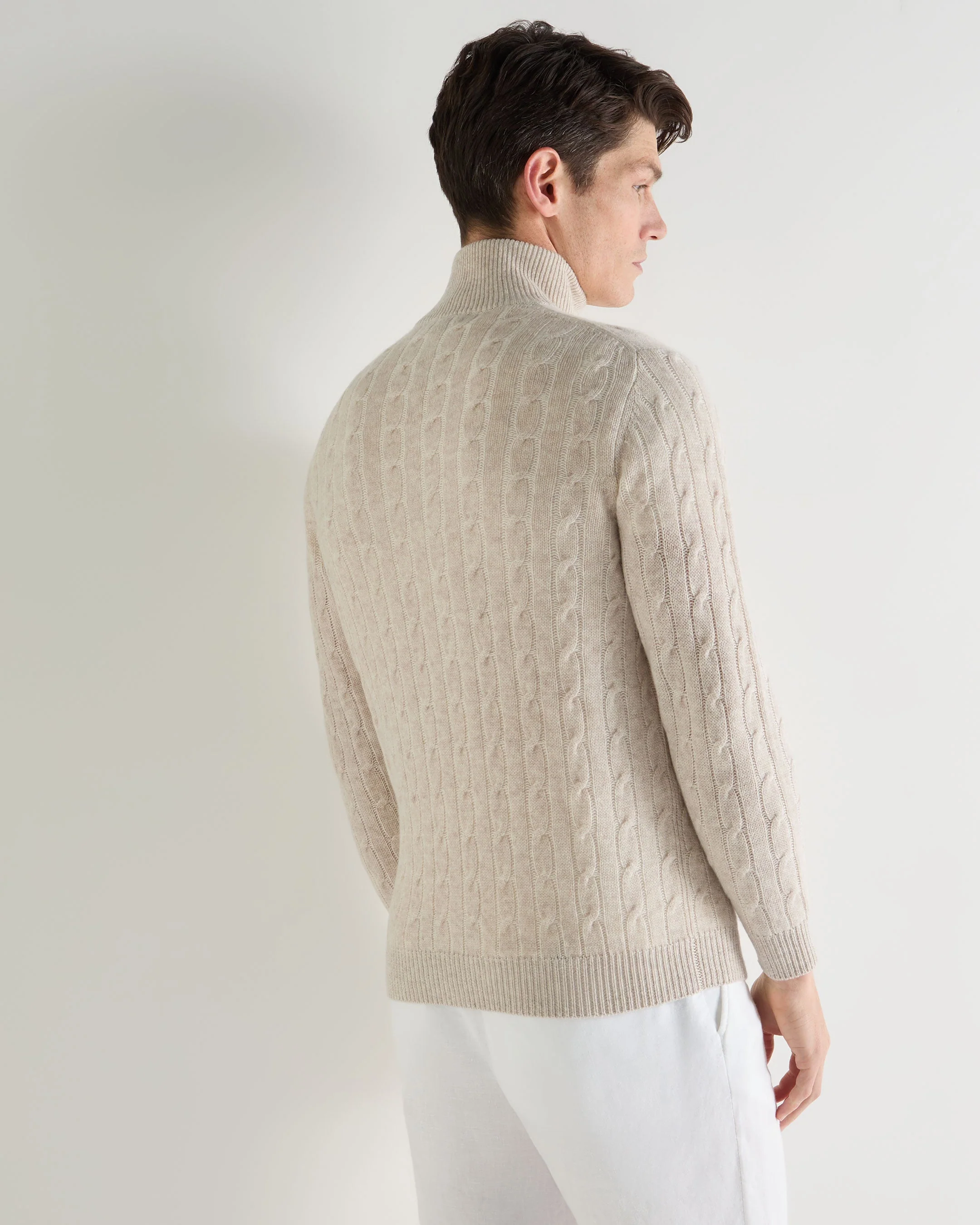 Men's Albemarle Cable Half Zip Cashmere Sweater Sand Brown - Image 4