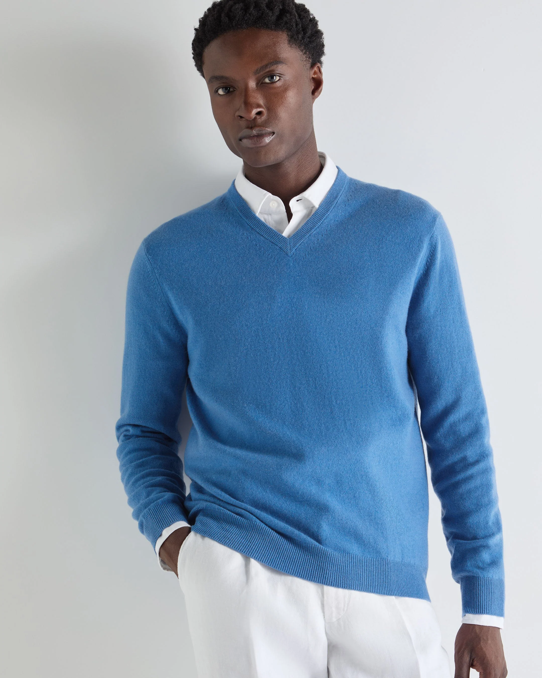 Men's Burlington V Neck Cashmere Sweater Sunshine Blue