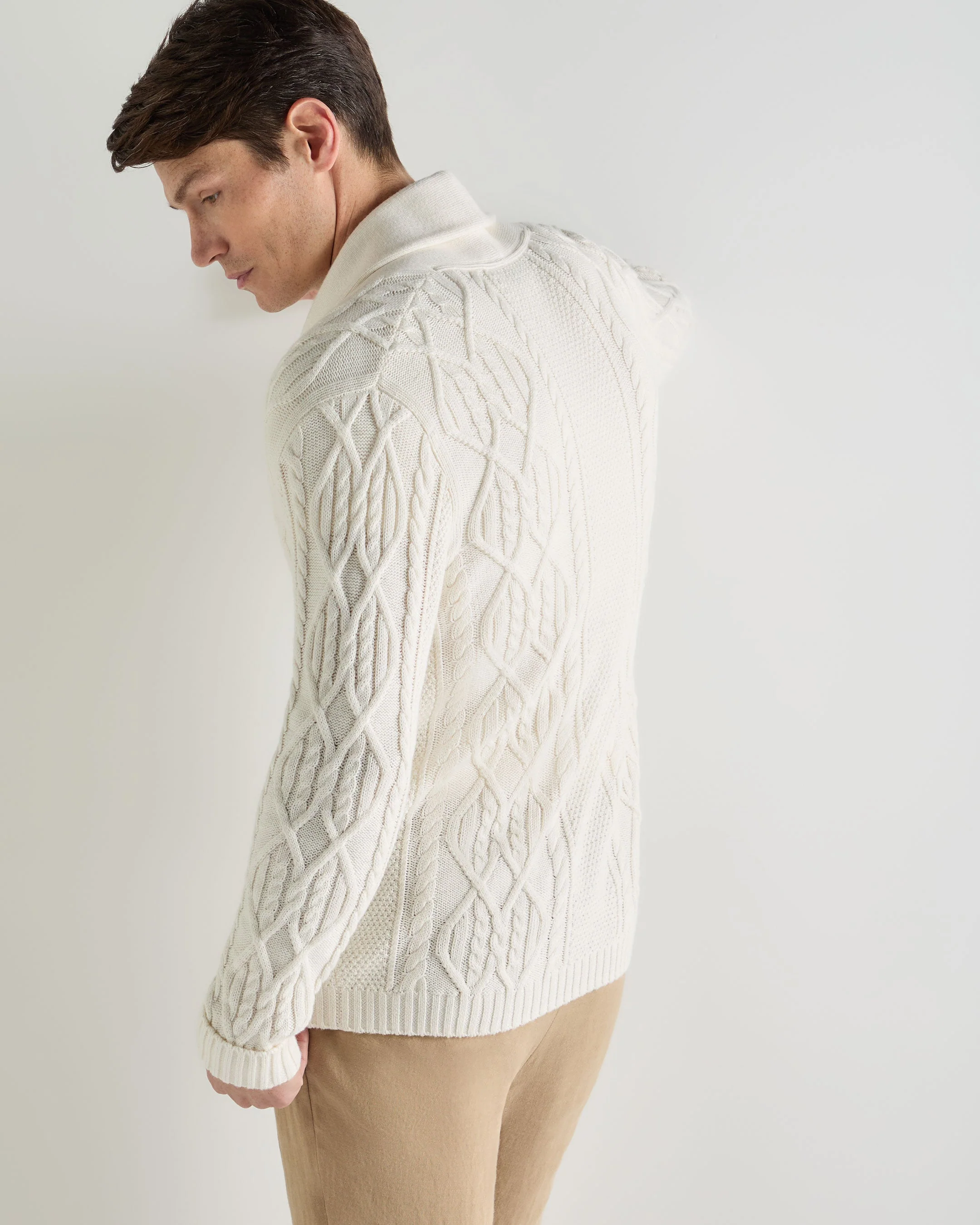 Men's Cable Shawl Cotton Blend Cardigan New Ivory White - Image 4
