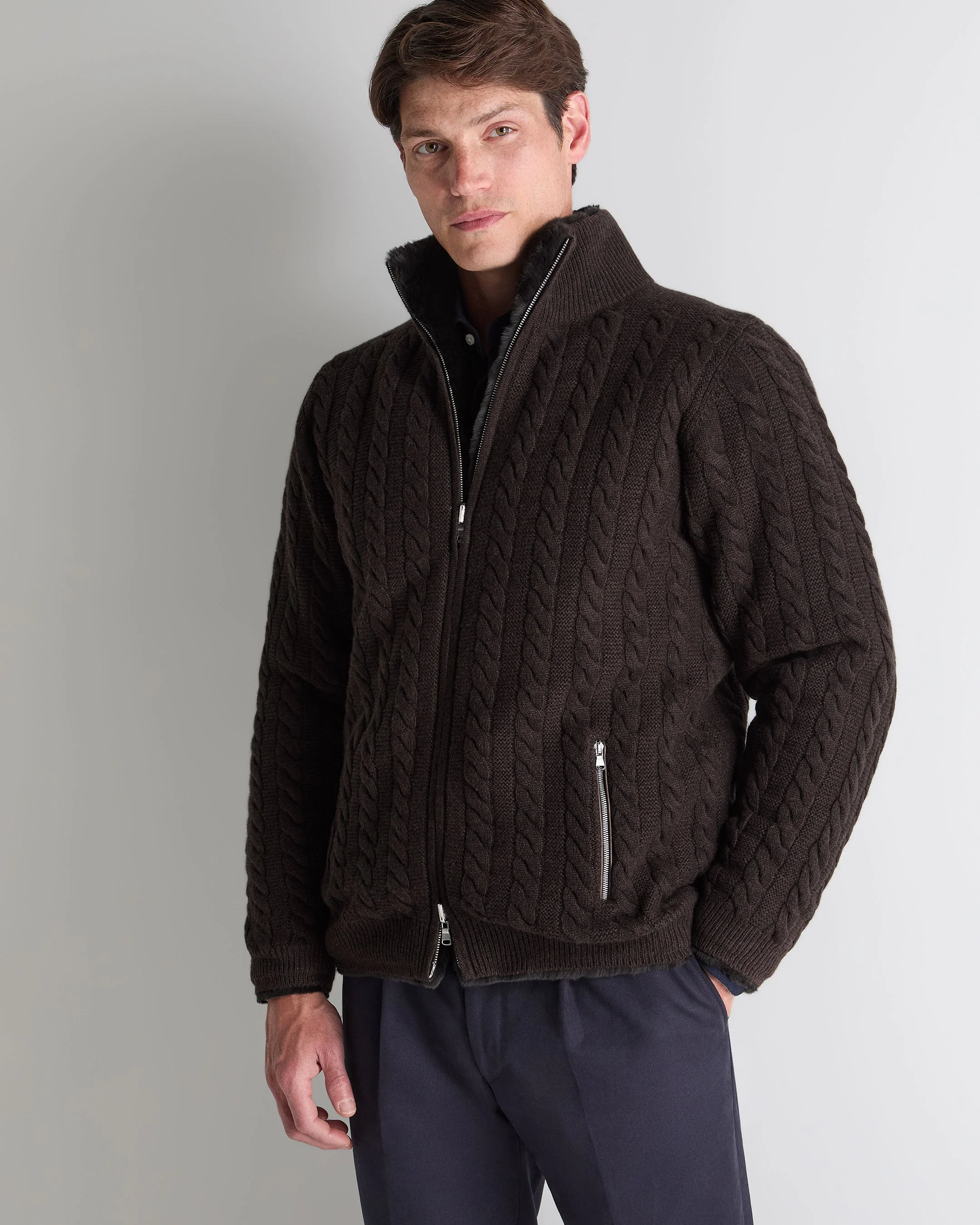 Men's Aspen Cashmere Cable Fur Cardigan Chocolate Brown