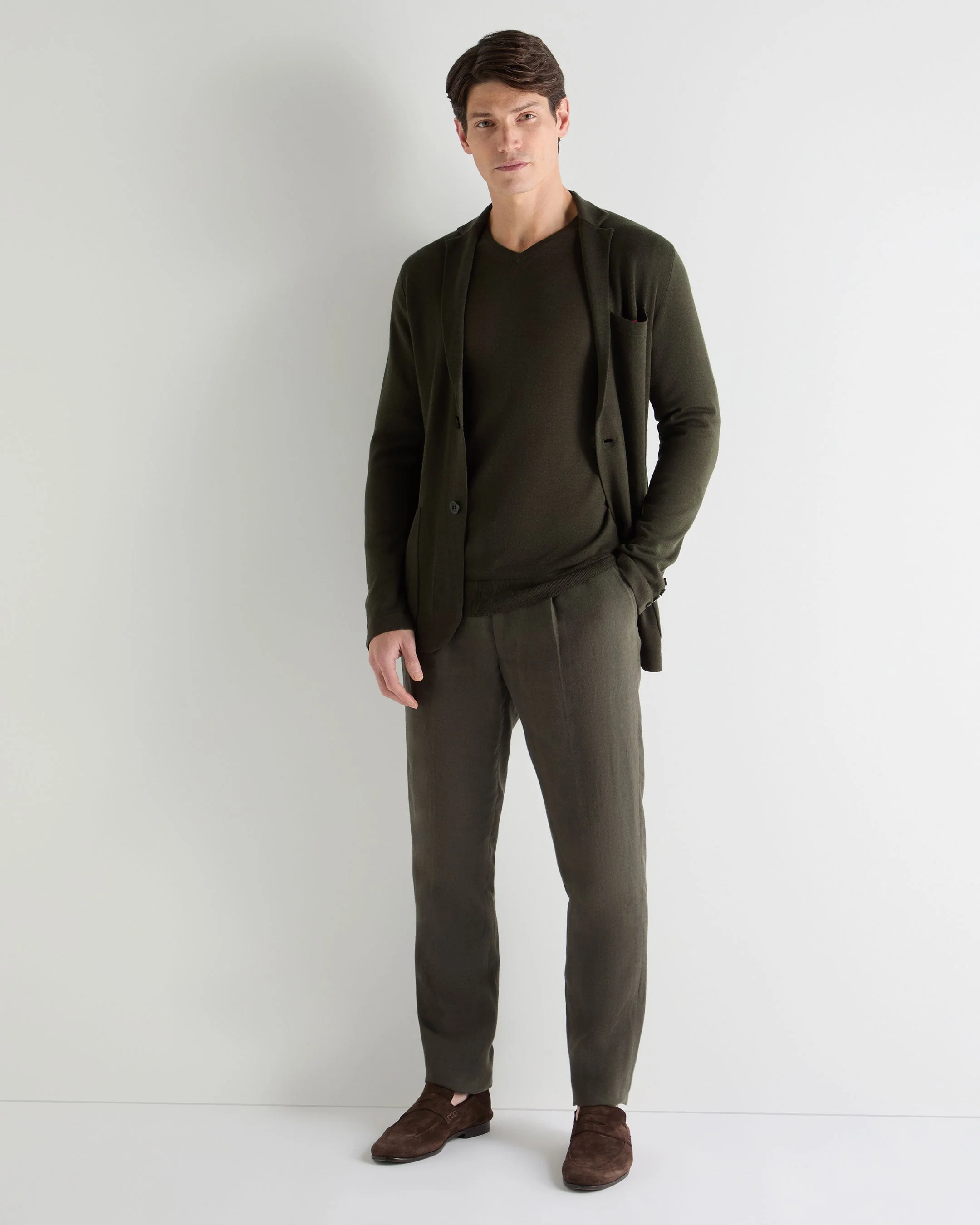 Men's Conduit Fine Gauge Cashmere V Neck Sweater Arabica Khaki Green - Image 3