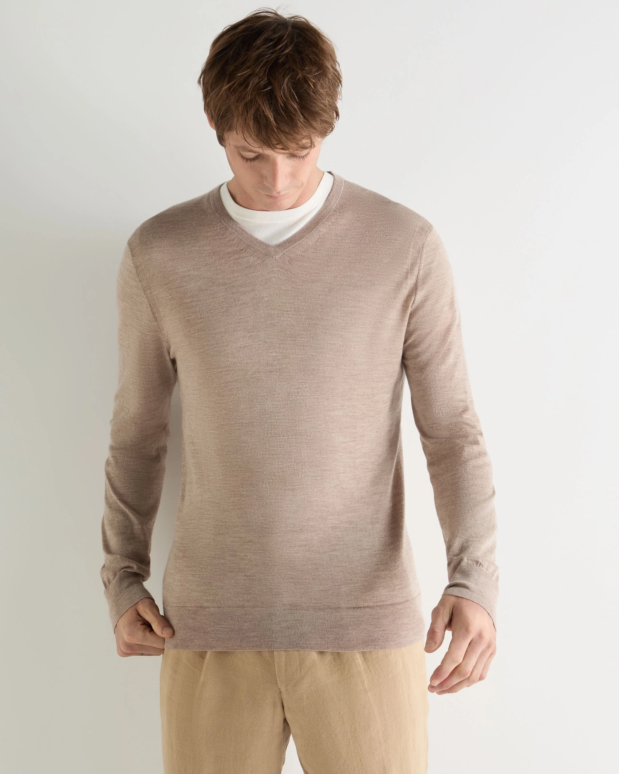 Men's Conduit Fine Gauge Cashmere V Neck Sweater Soft Taupe Brown