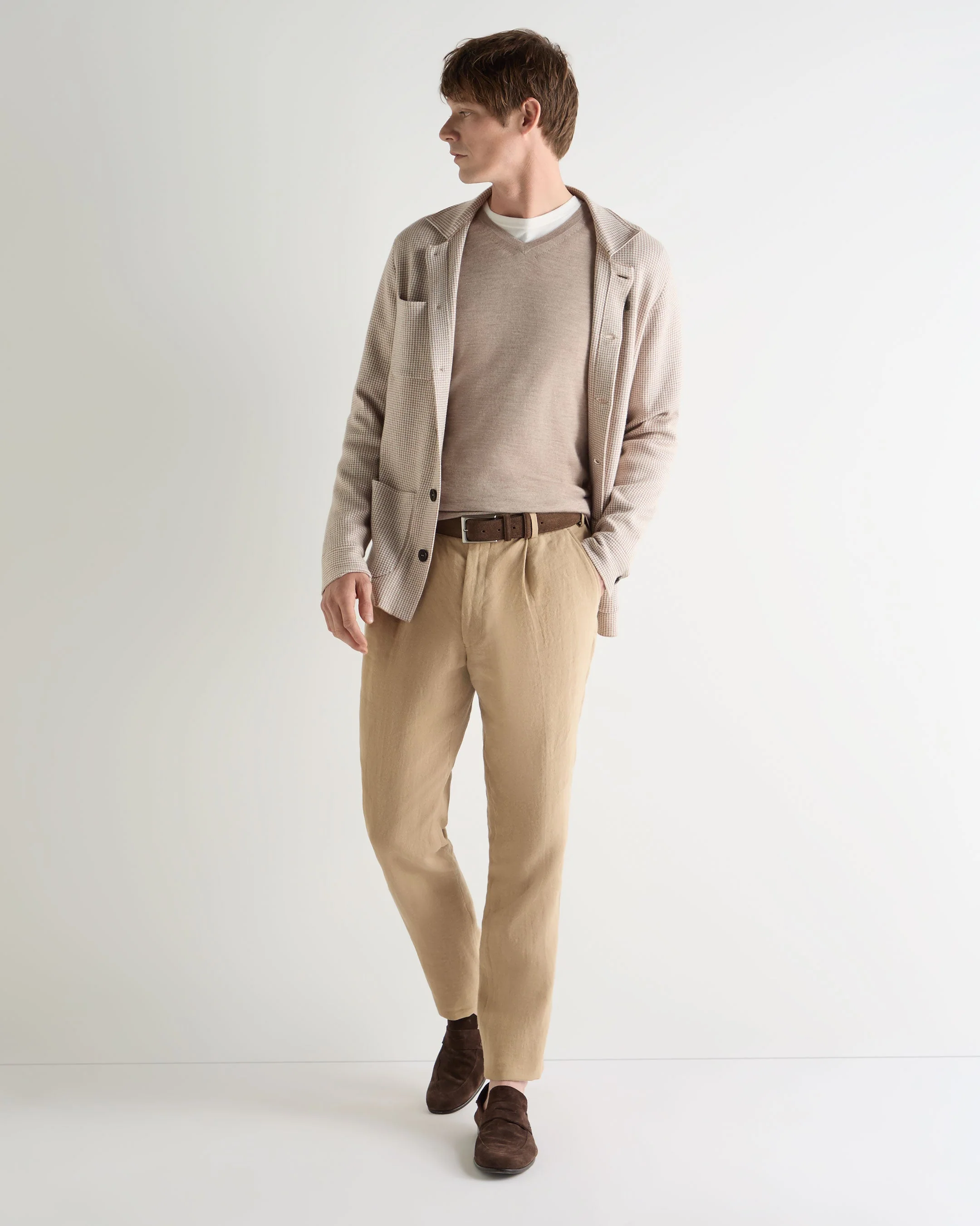 Men's Conduit Fine Gauge Cashmere V Neck Sweater Soft Taupe Brown - Image 3