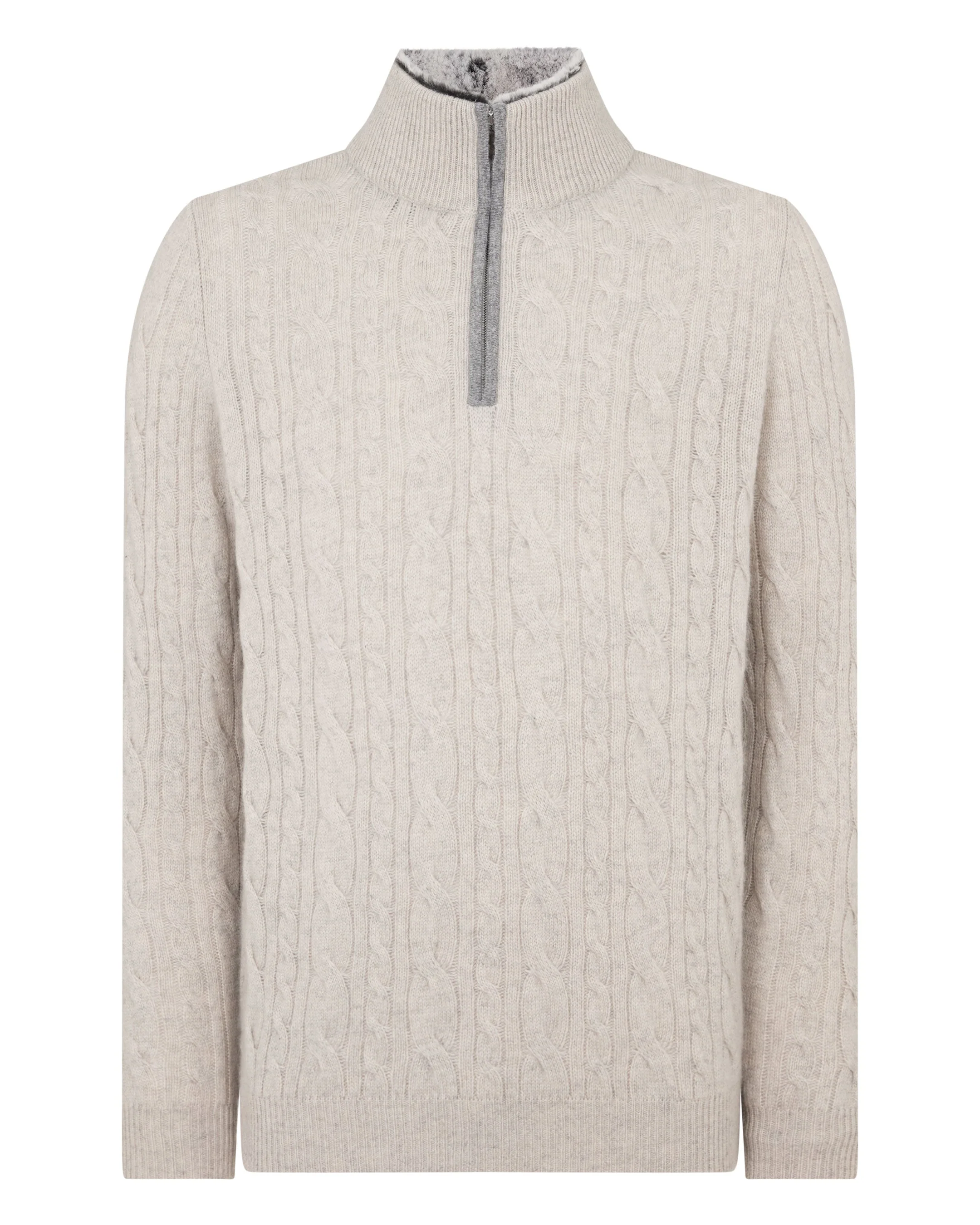Men's Fur Trim Half Zip Cashmere Jumper Nougat Brown Marl - Image 2