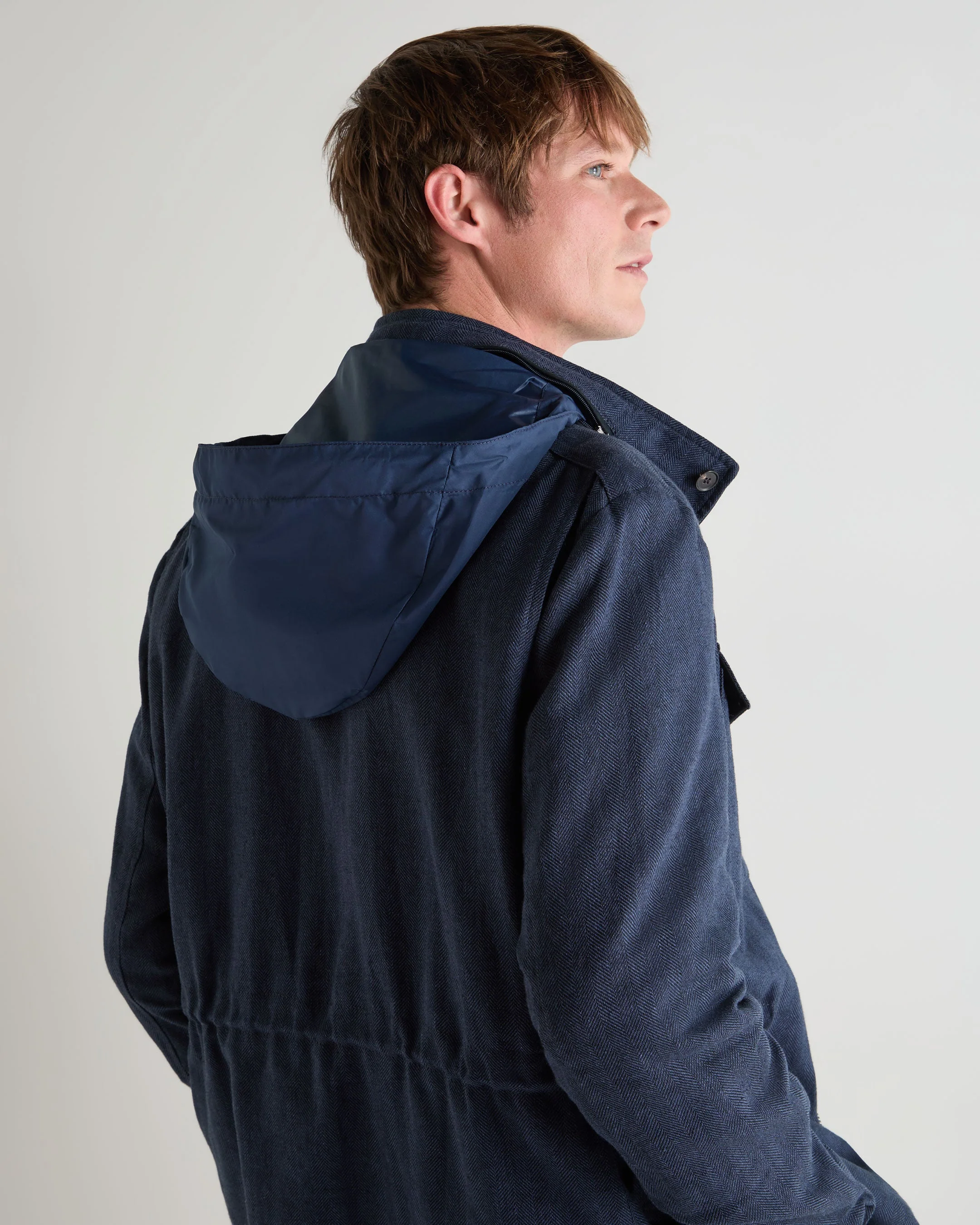 Men's Hampton Linen Blend Field Jacket Navy Blue Herringbone - Image 6