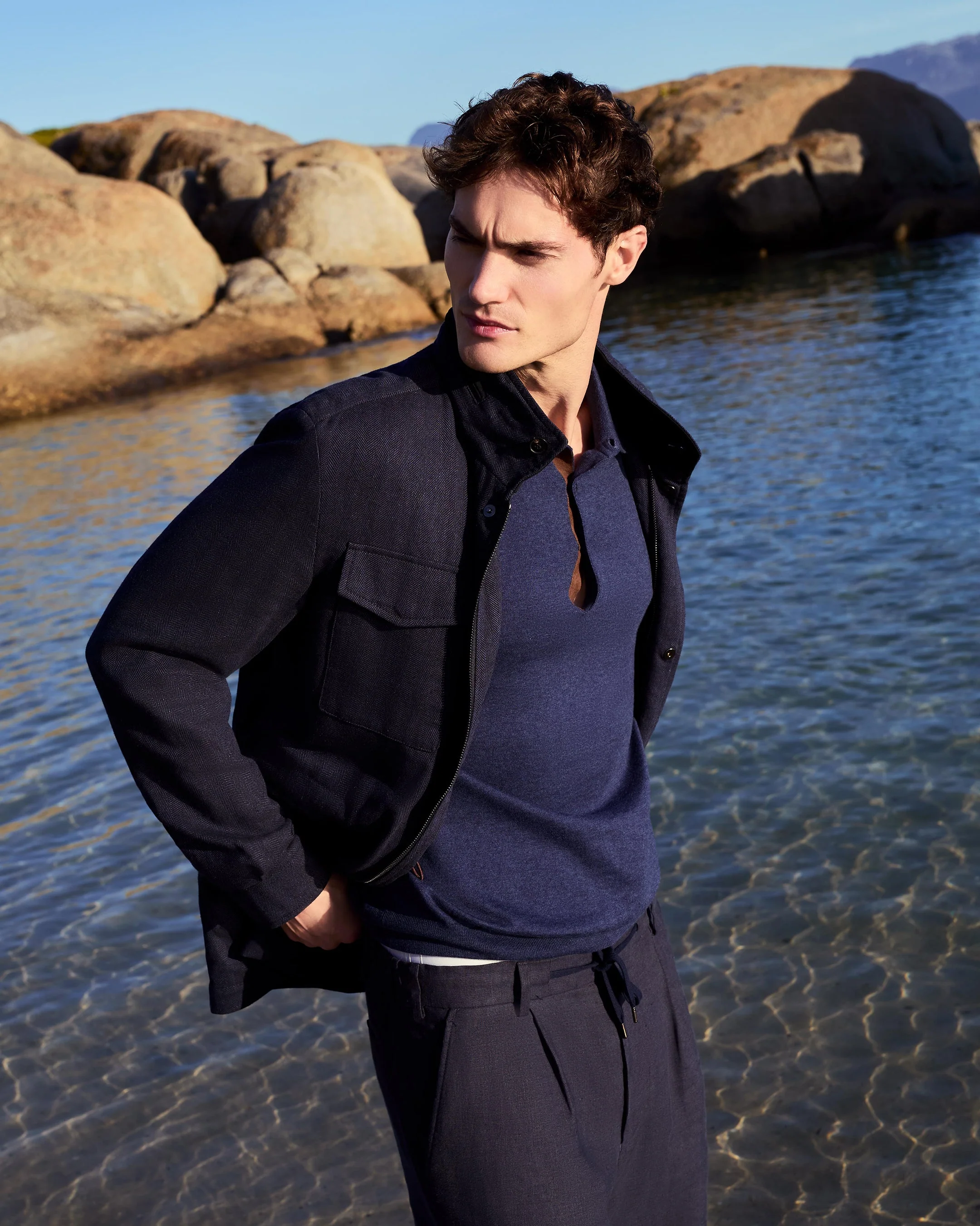 Men's Hampton Linen Blend Field Jacket Navy Blue Herringbone - Image 8