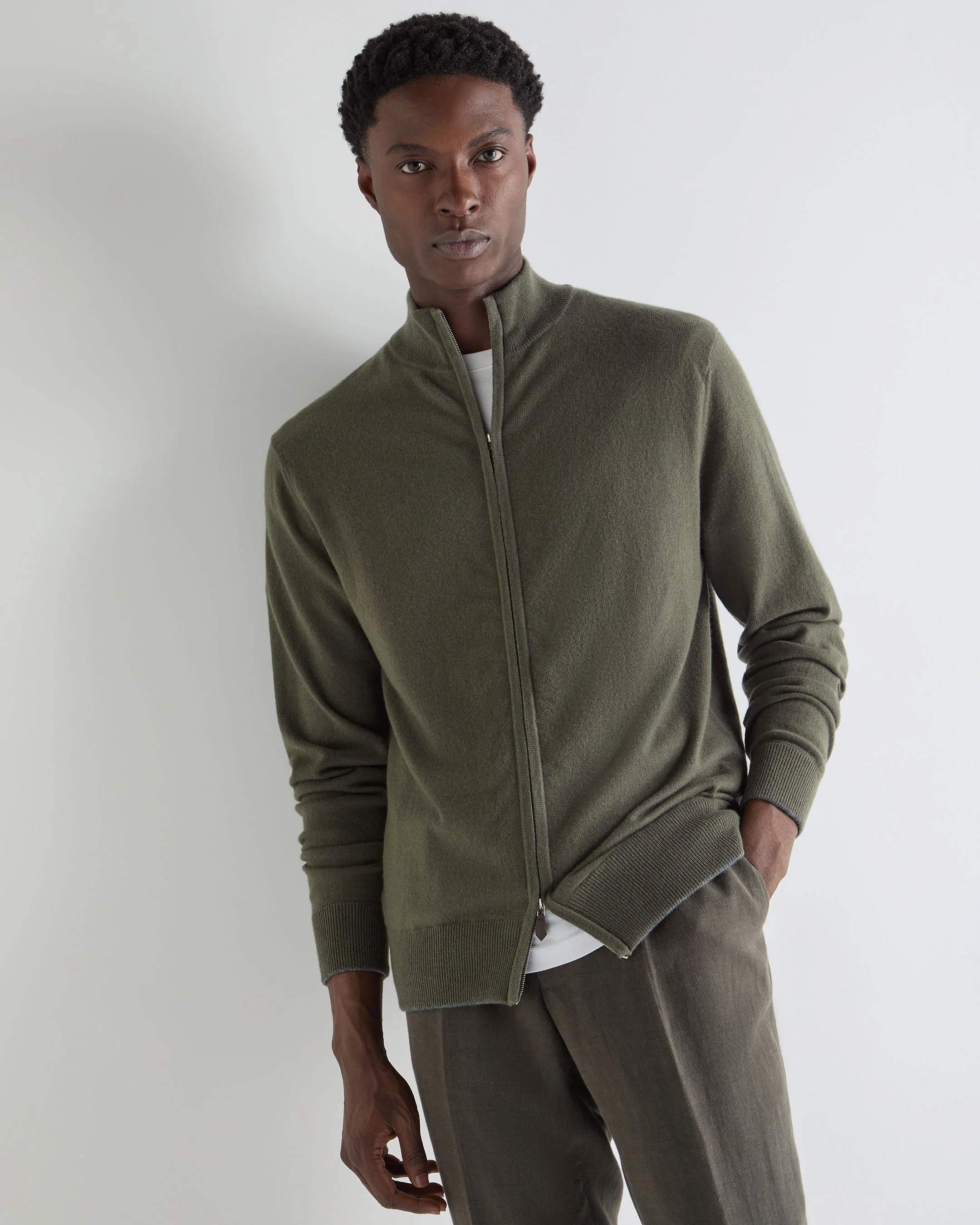Men's Knightsbridge Full Zip Cashmere Sweater Olive Green