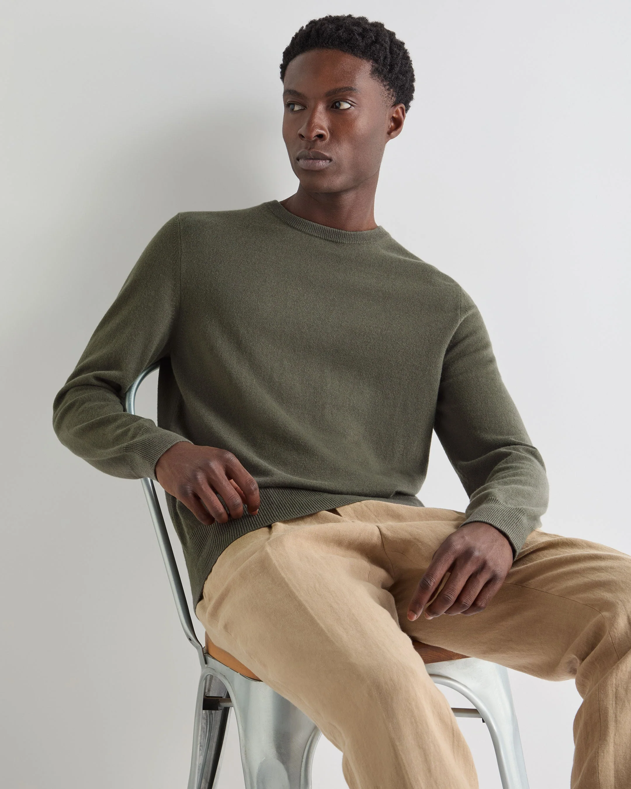 Men's Oxford Round Neck Cashmere Sweater Olive Green