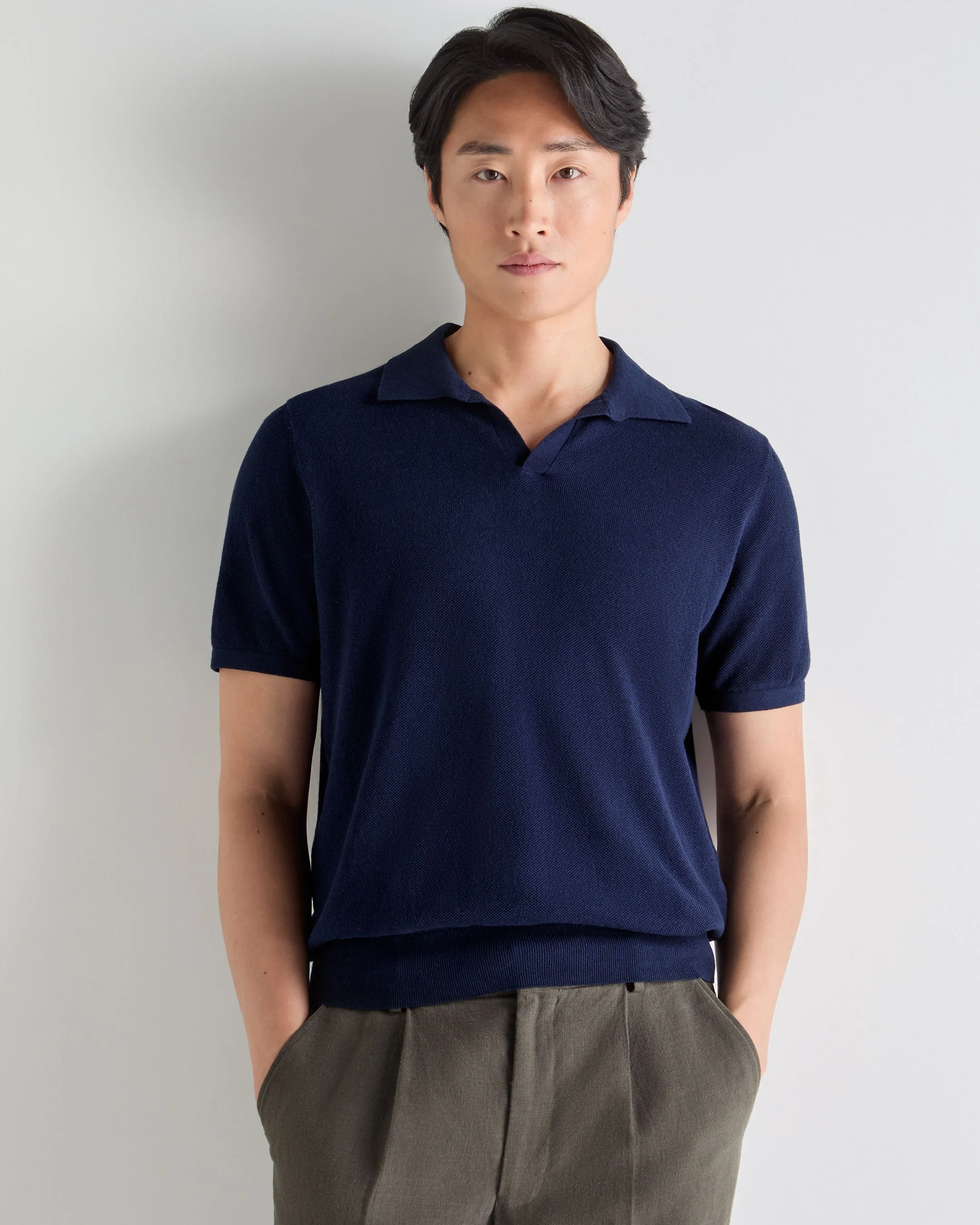 Men's Pique Linen Blend Polo Deep French Blue