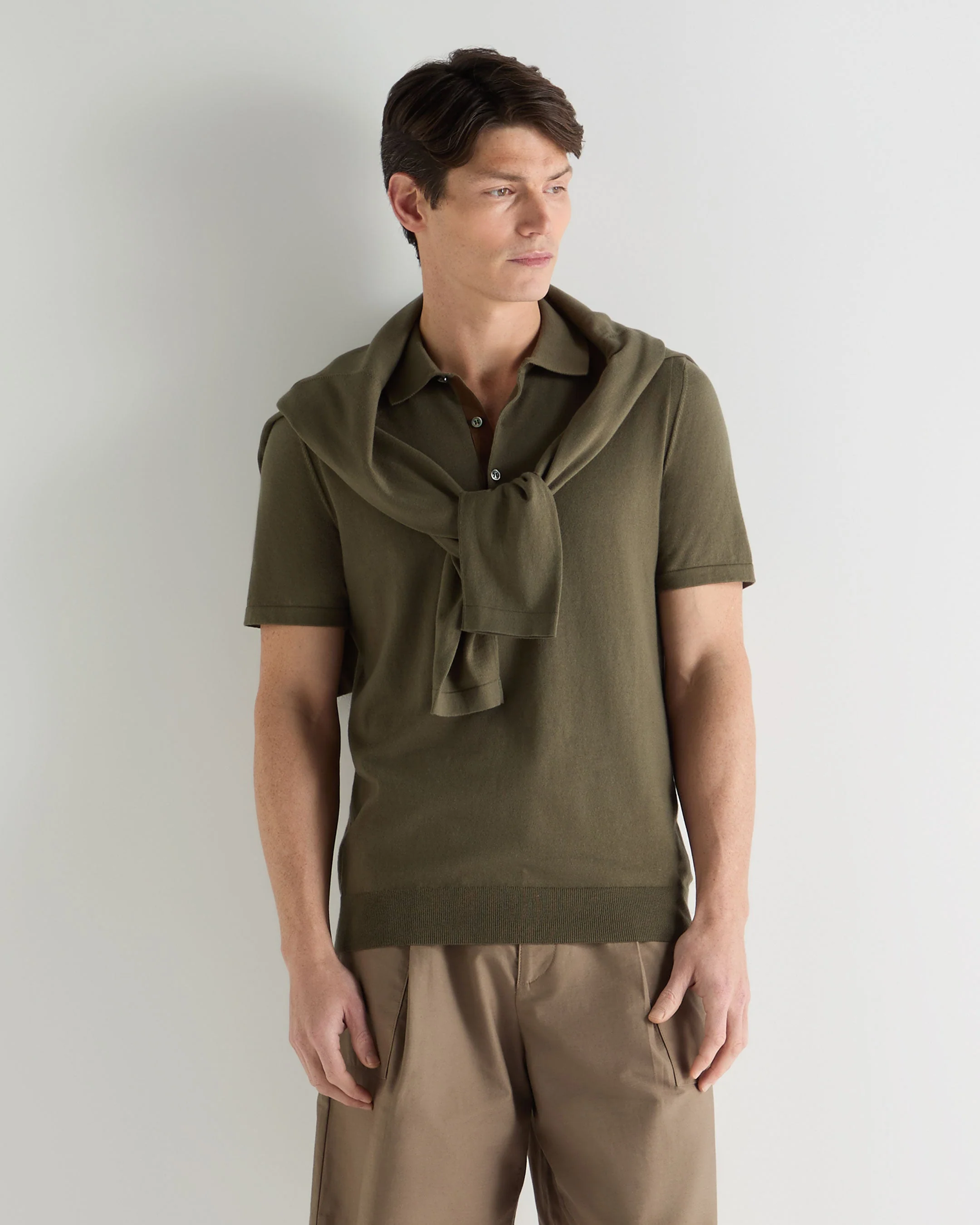 Men's Polzeath Cotton Cashmere Polo T-Shirt Khaki Green - Image 3