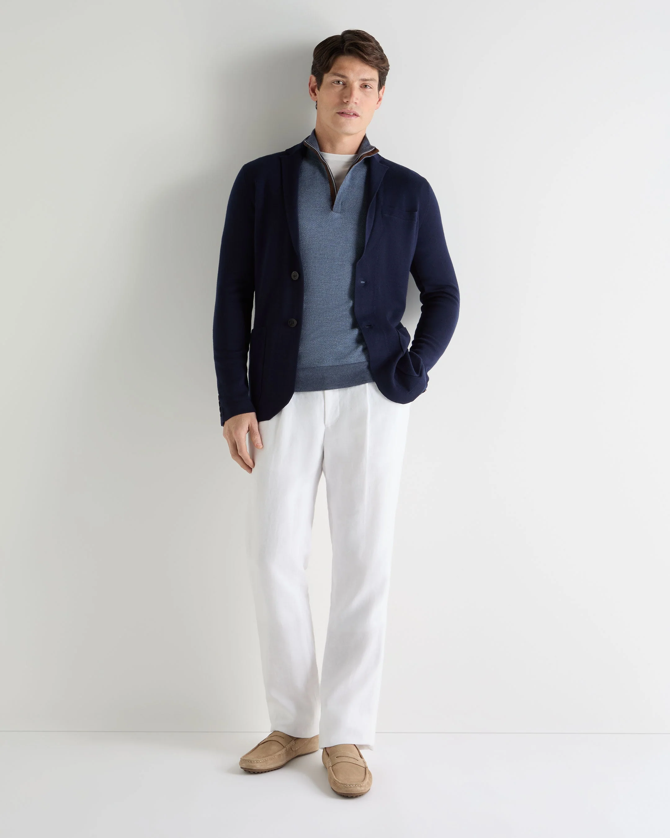 Men's Regent Birdseye Fine Gauge Cashmere Half Zip Sweater Denim Blue Birdseye - Image 3