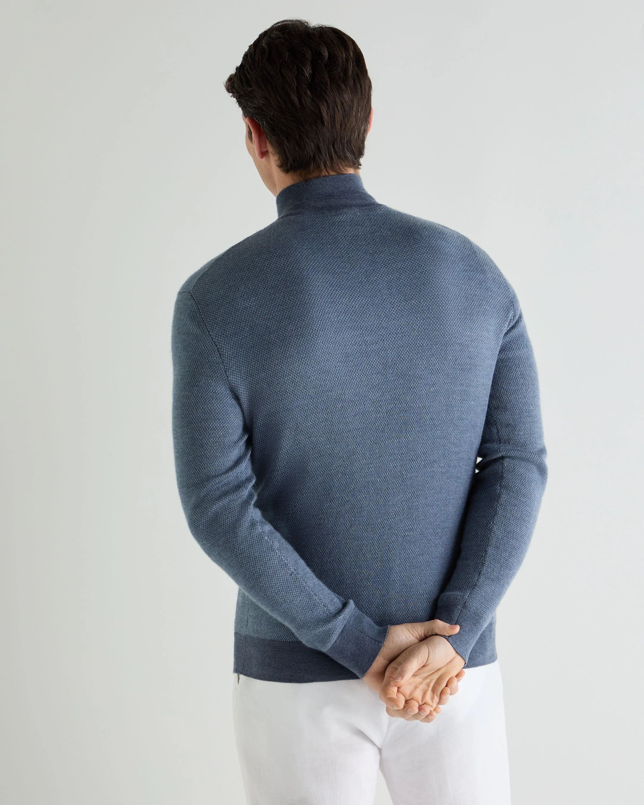 Men's Regent Birdseye Fine Gauge Cashmere Half Zip Sweater Denim Blue Birdseye - Image 4
