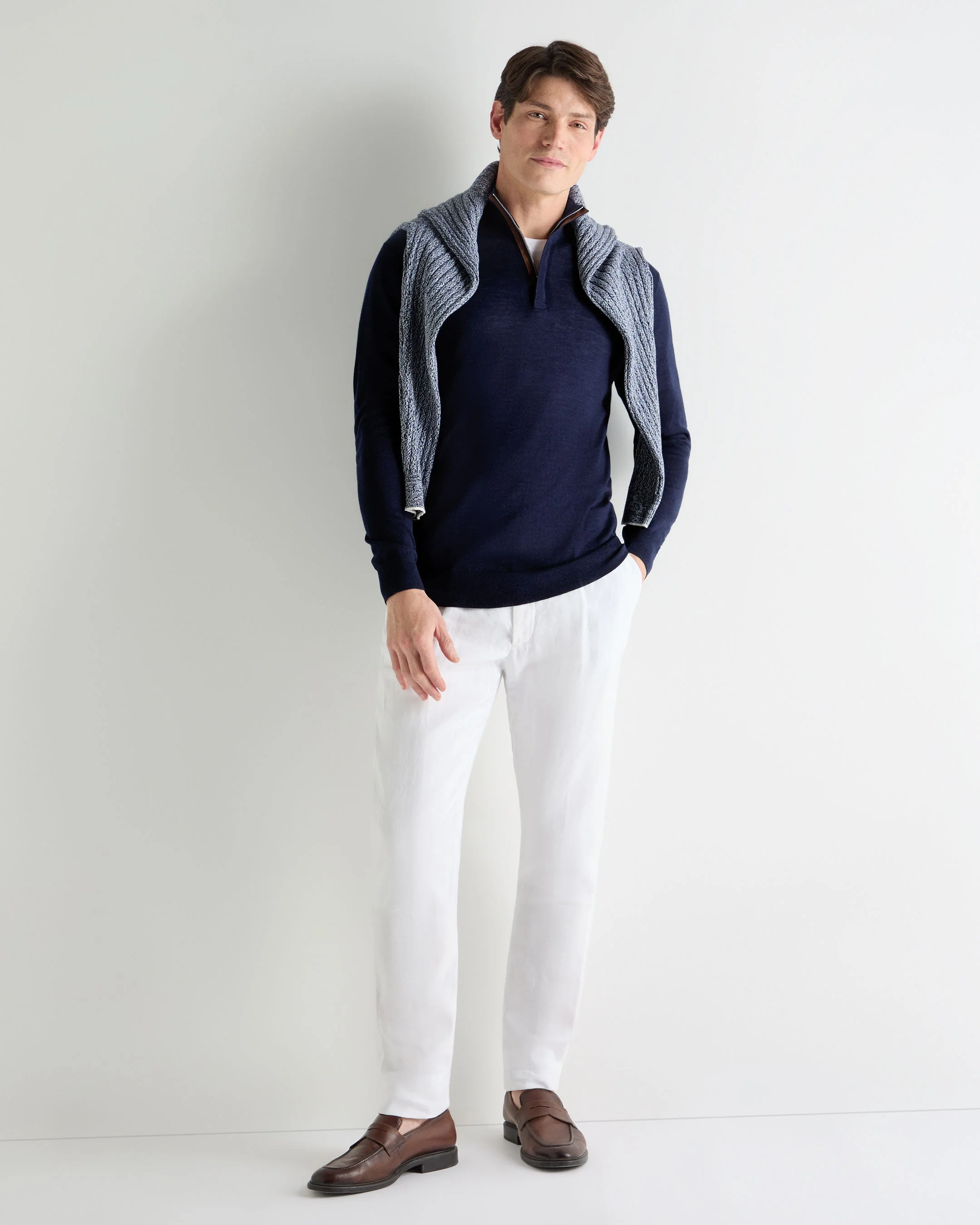 Men's Regent Fine Gauge Cashmere Half Zip Sweater Summer Navy Blue - Image 3