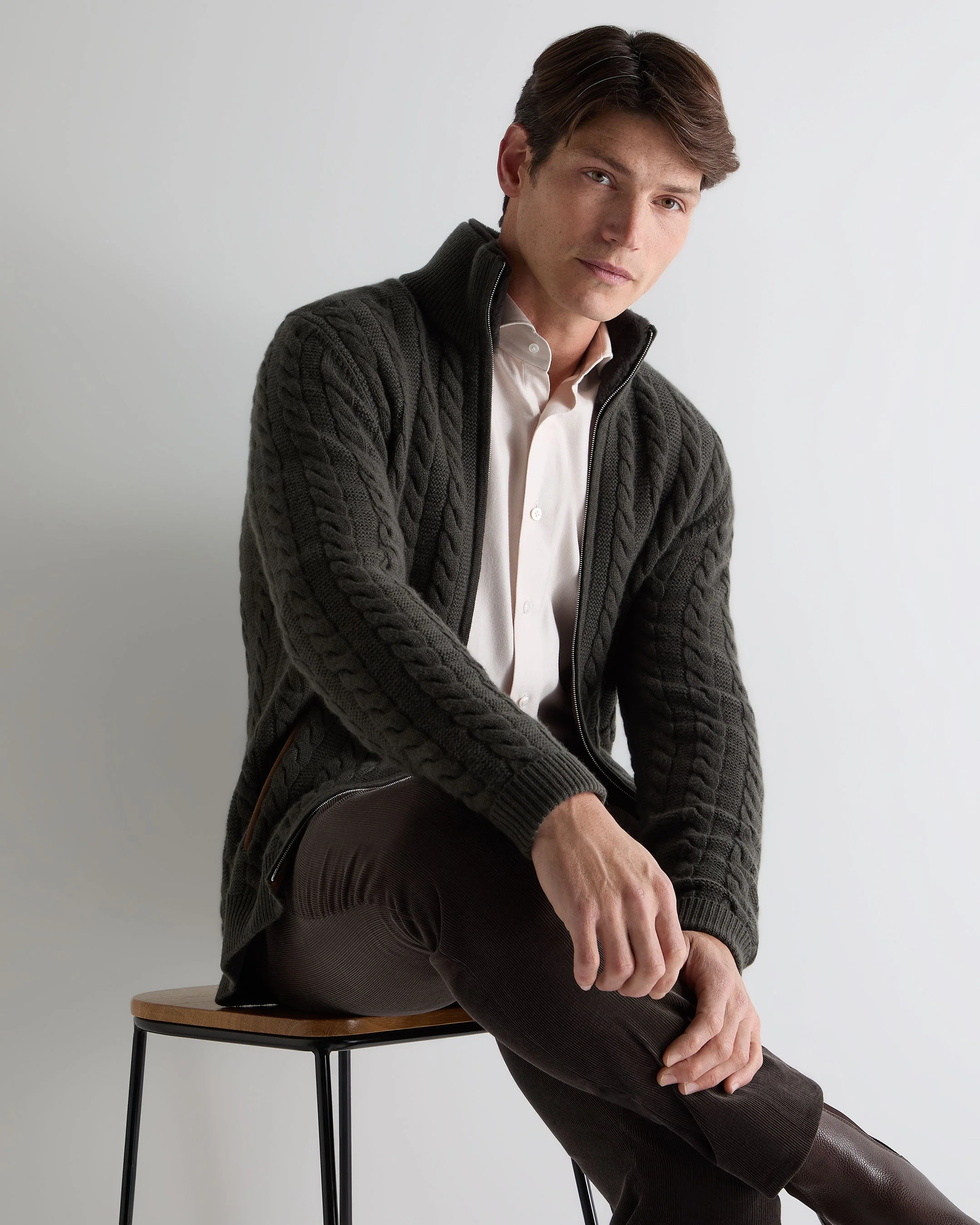 Men's Richmond Cable Cashmere Cardigan Arabica Khaki Green
