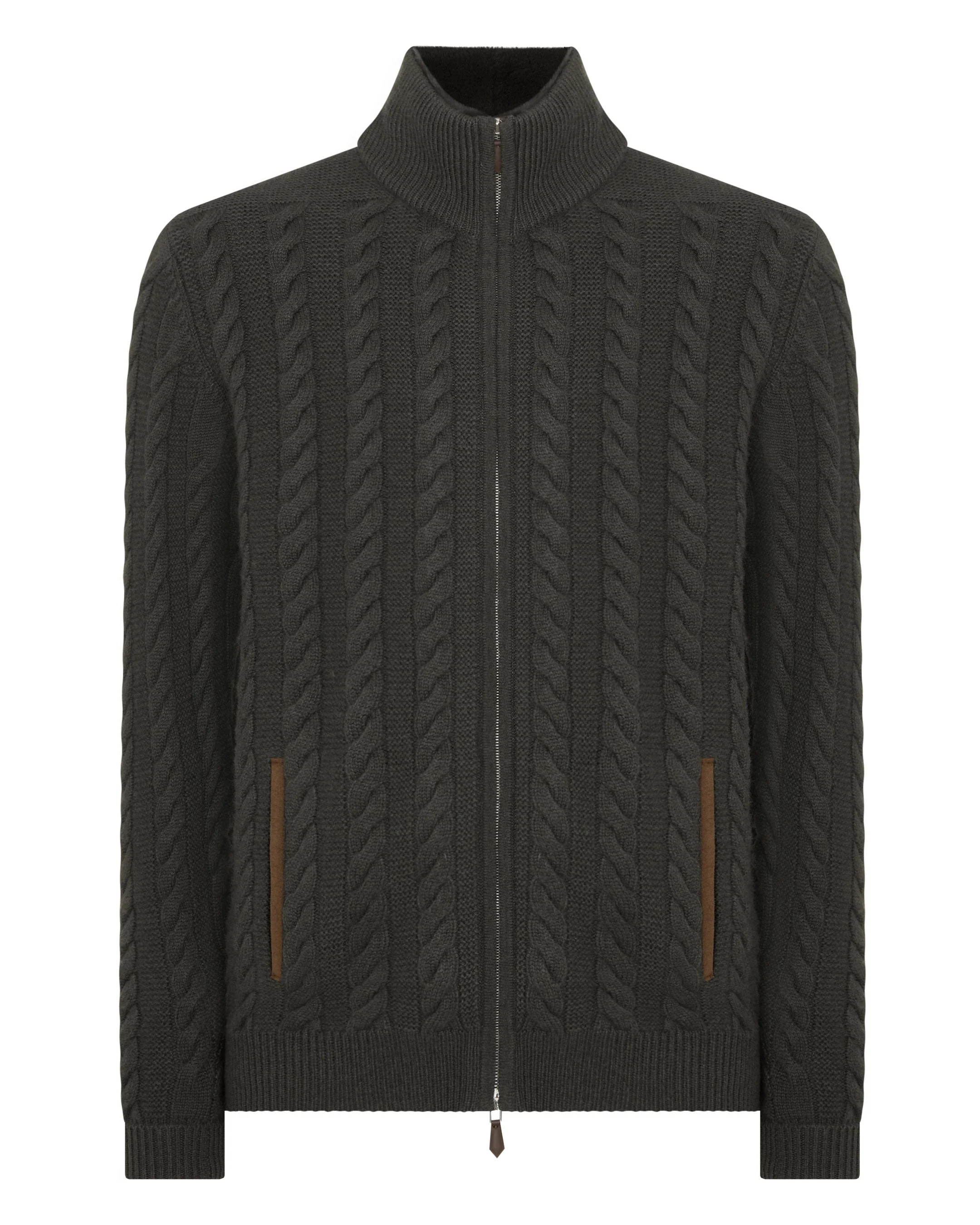 Men's Richmond Cable Cashmere Cardigan Arabica Khaki Green - Image 2
