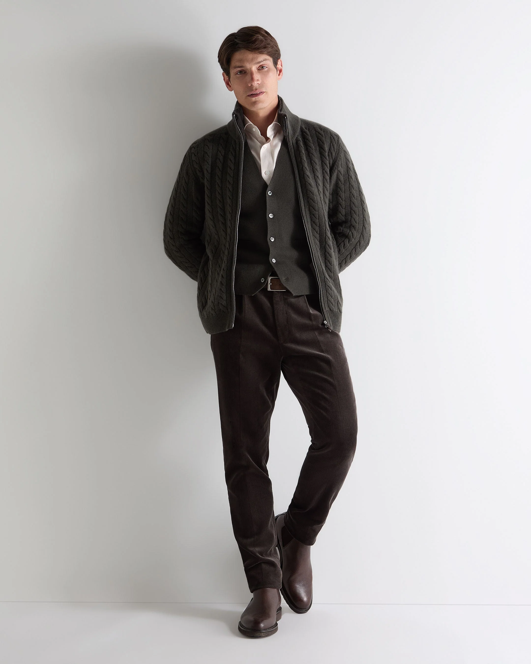 Men's Richmond Cable Cashmere Cardigan Arabica Khaki Green - Image 3