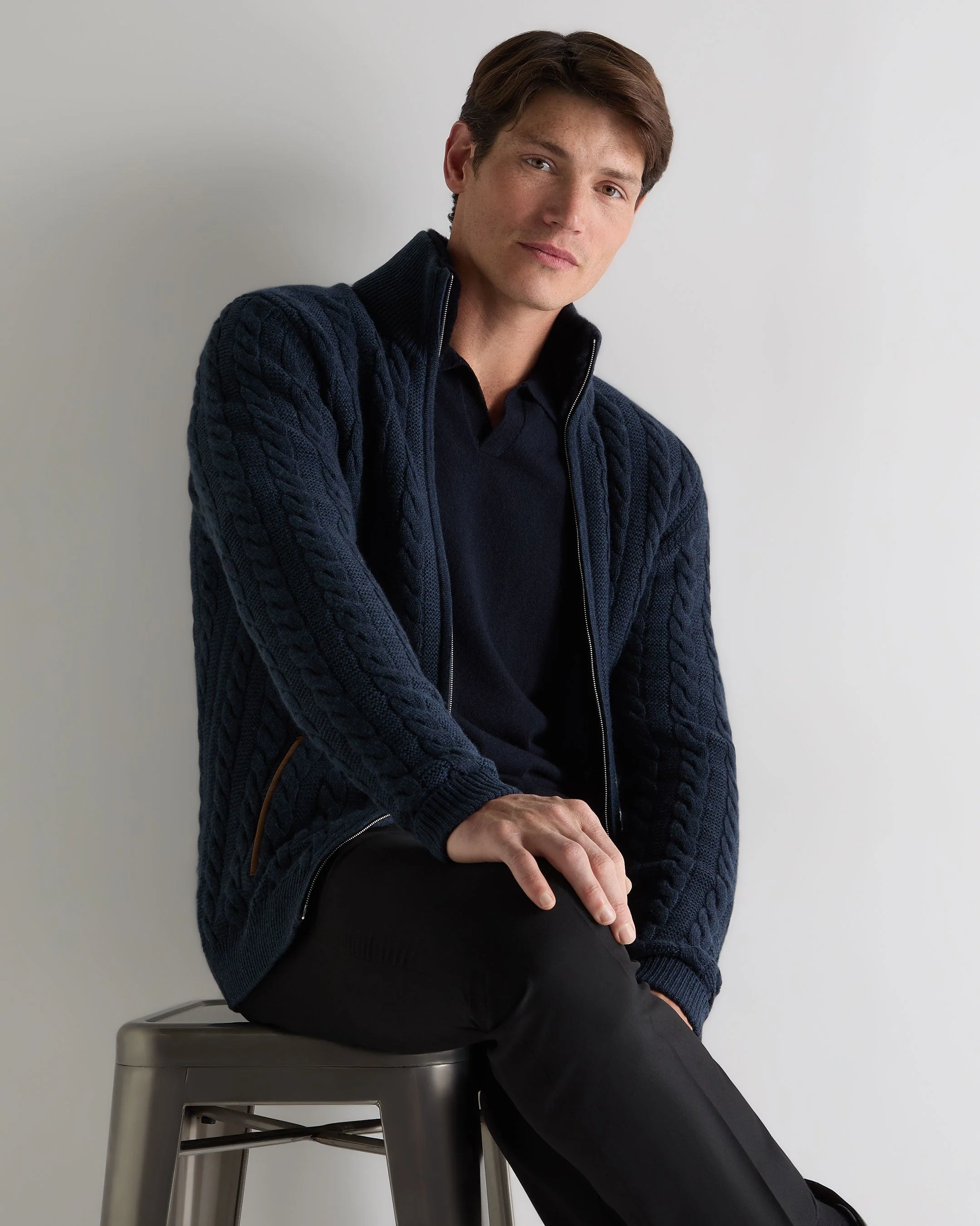 Men's Richmond Cable Cashmere Cardigan Indigo Blue
