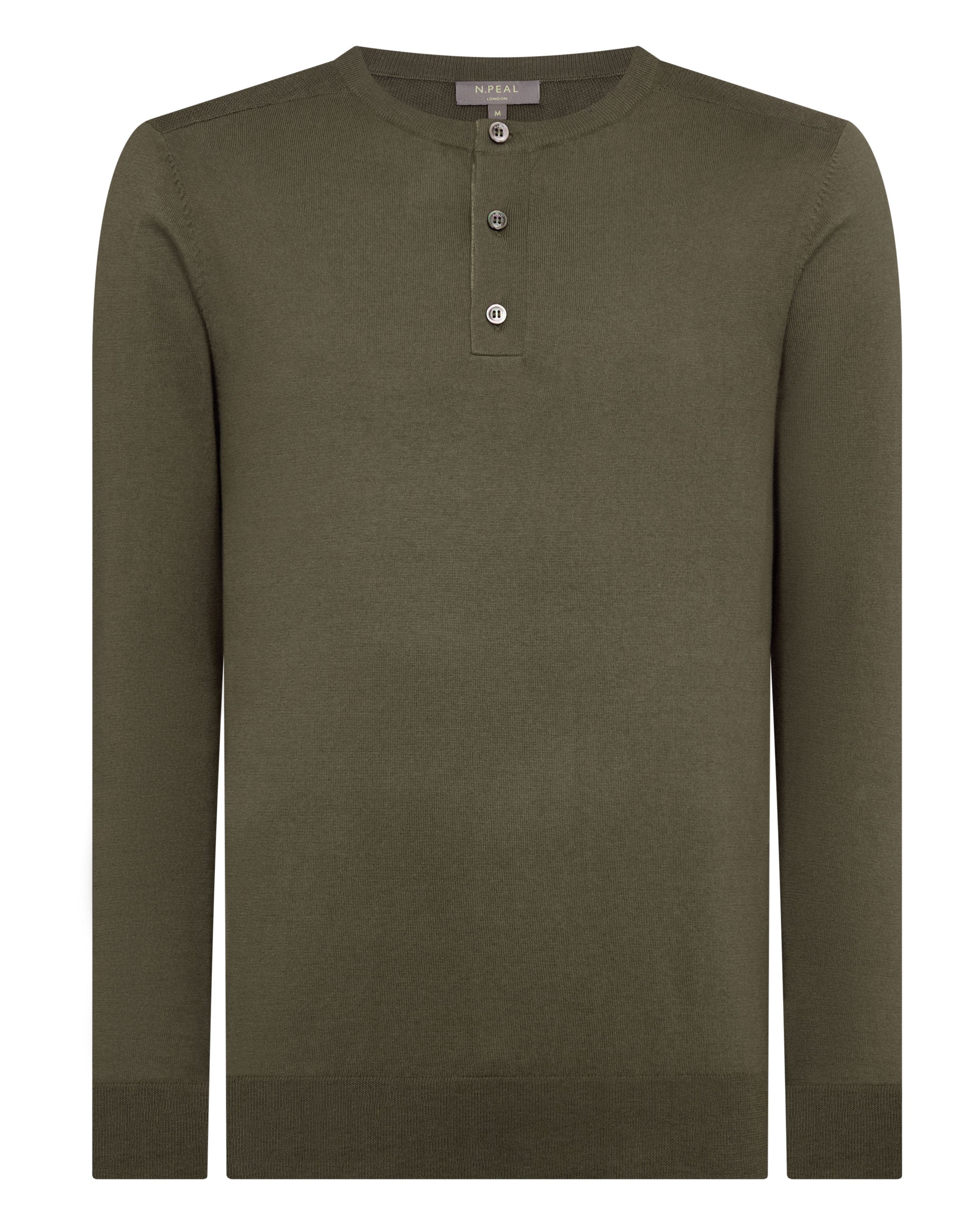 Men's Round Neck Cotton Cashmere Henley Khaki Green - Image 2