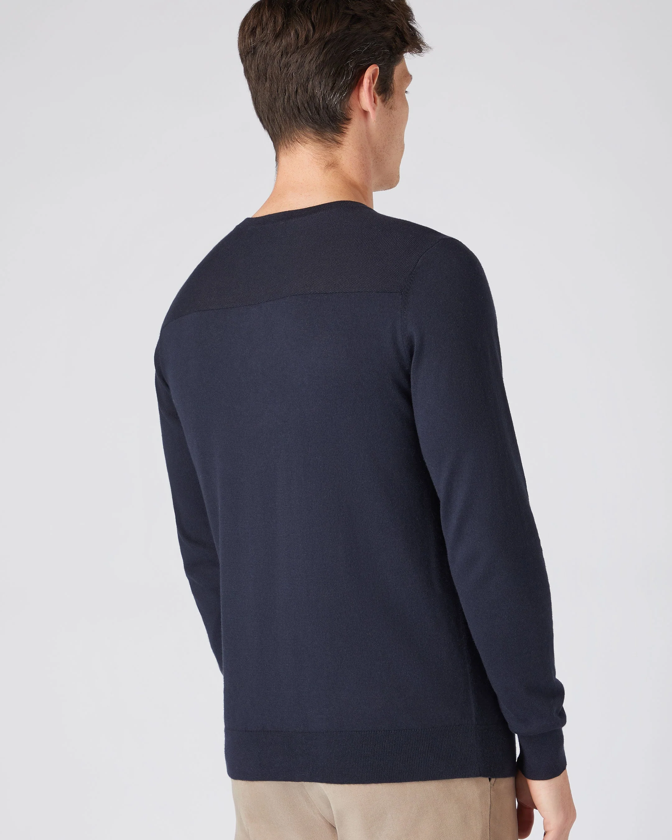 Men's Round Neck Cotton Cashmere Henley Navy Blue - Image 4