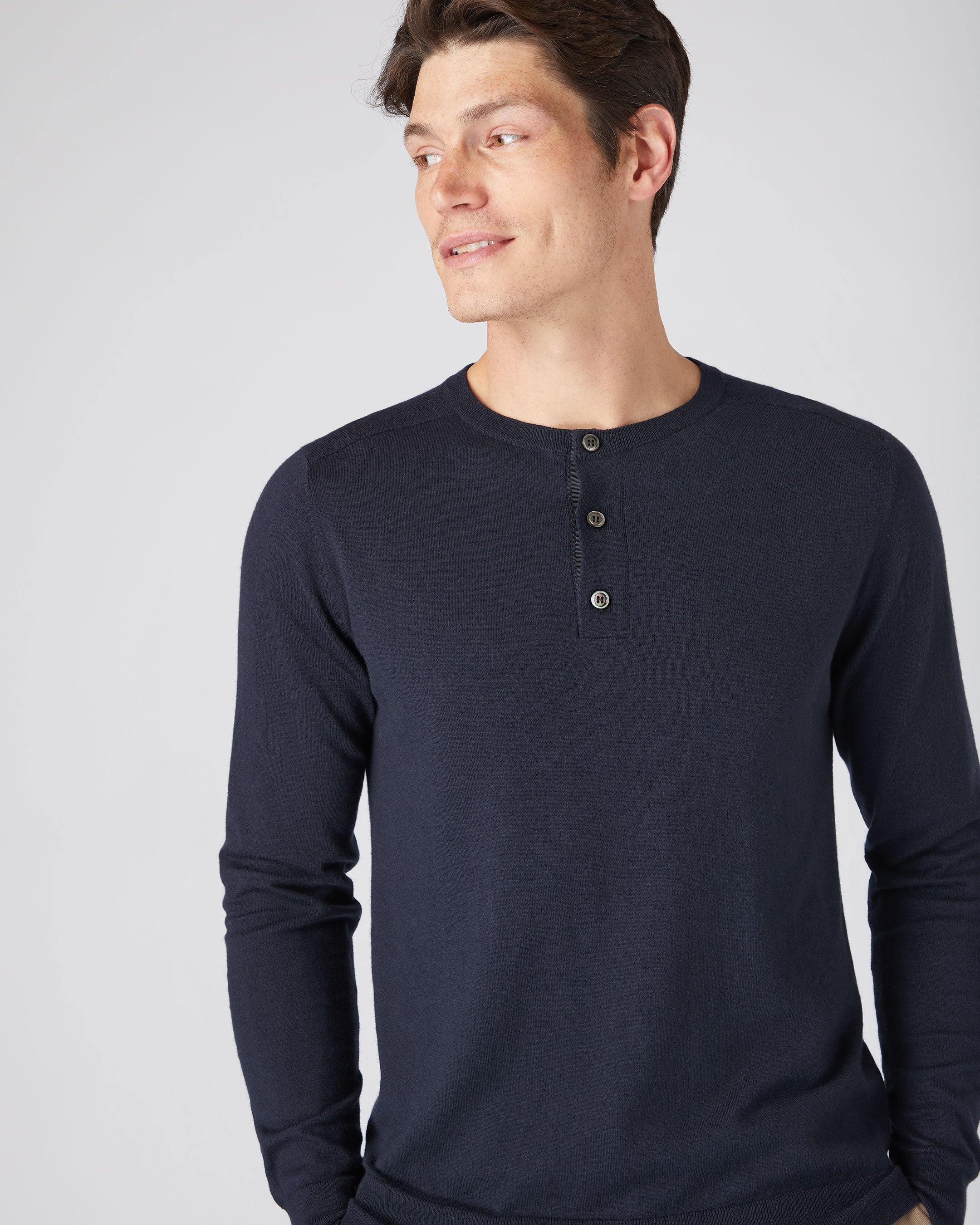 Men's Round Neck Cotton Cashmere Henley Navy Blue - Image 5