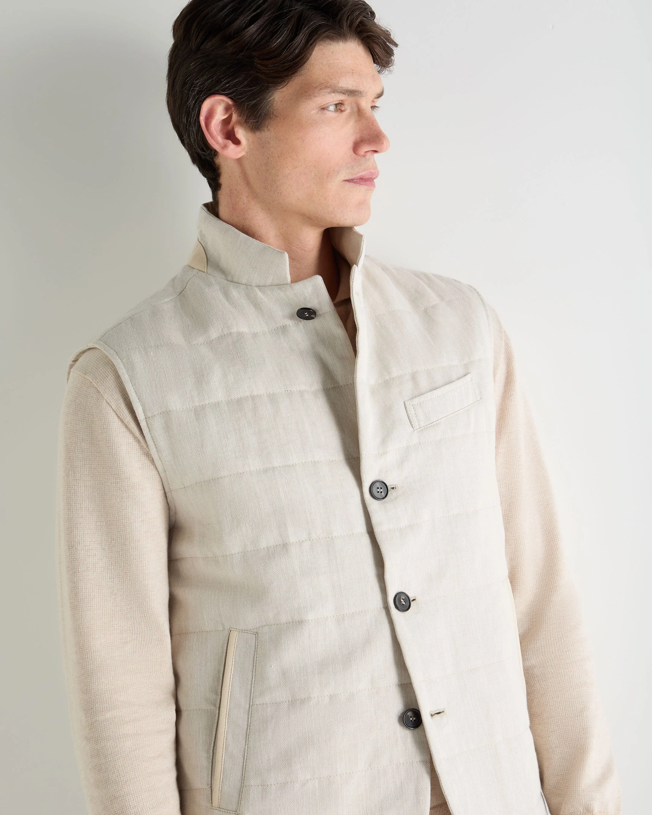 Men's Seville Linen Gilet Chalk White - Image 5