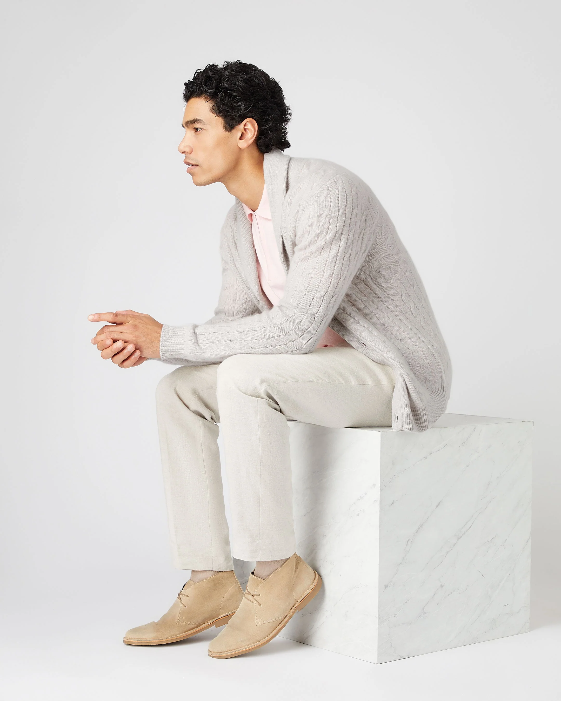 Men's Garrick Shawl Cable Cashmere Cardigan Pebble Grey - Image 3