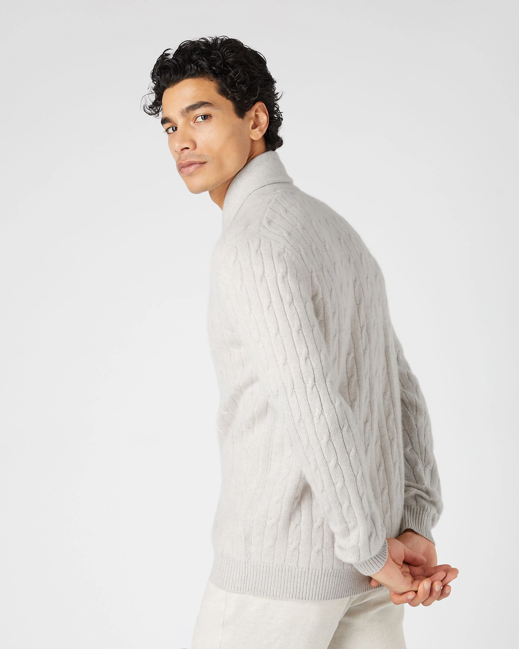 Men's Garrick Shawl Cable Cashmere Cardigan Pebble Grey - Image 4