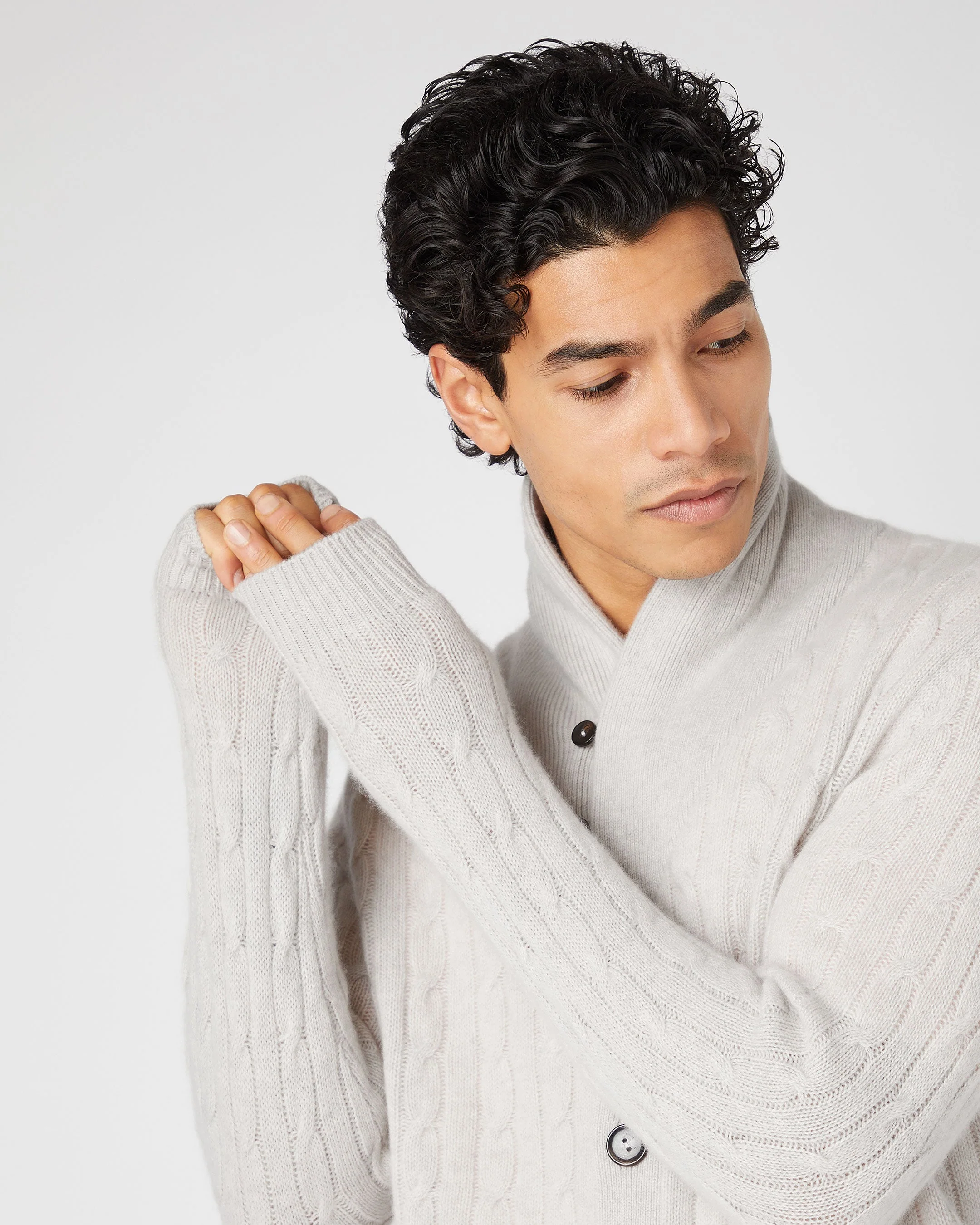 Men's Garrick Shawl Cable Cashmere Cardigan Pebble Grey - Image 5