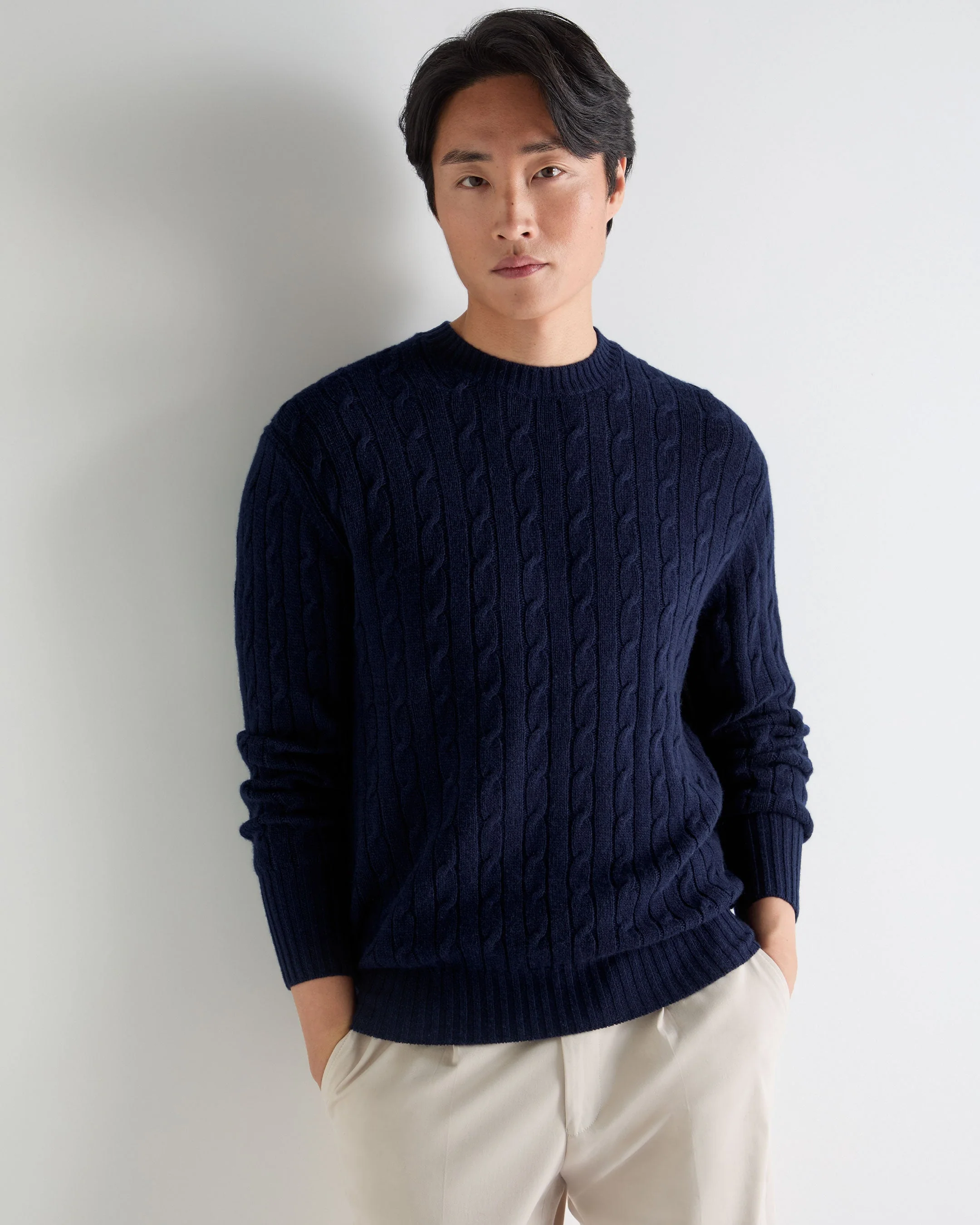 Men's Thames Cable Round Neck Cashmere Sweater Deep French Blue