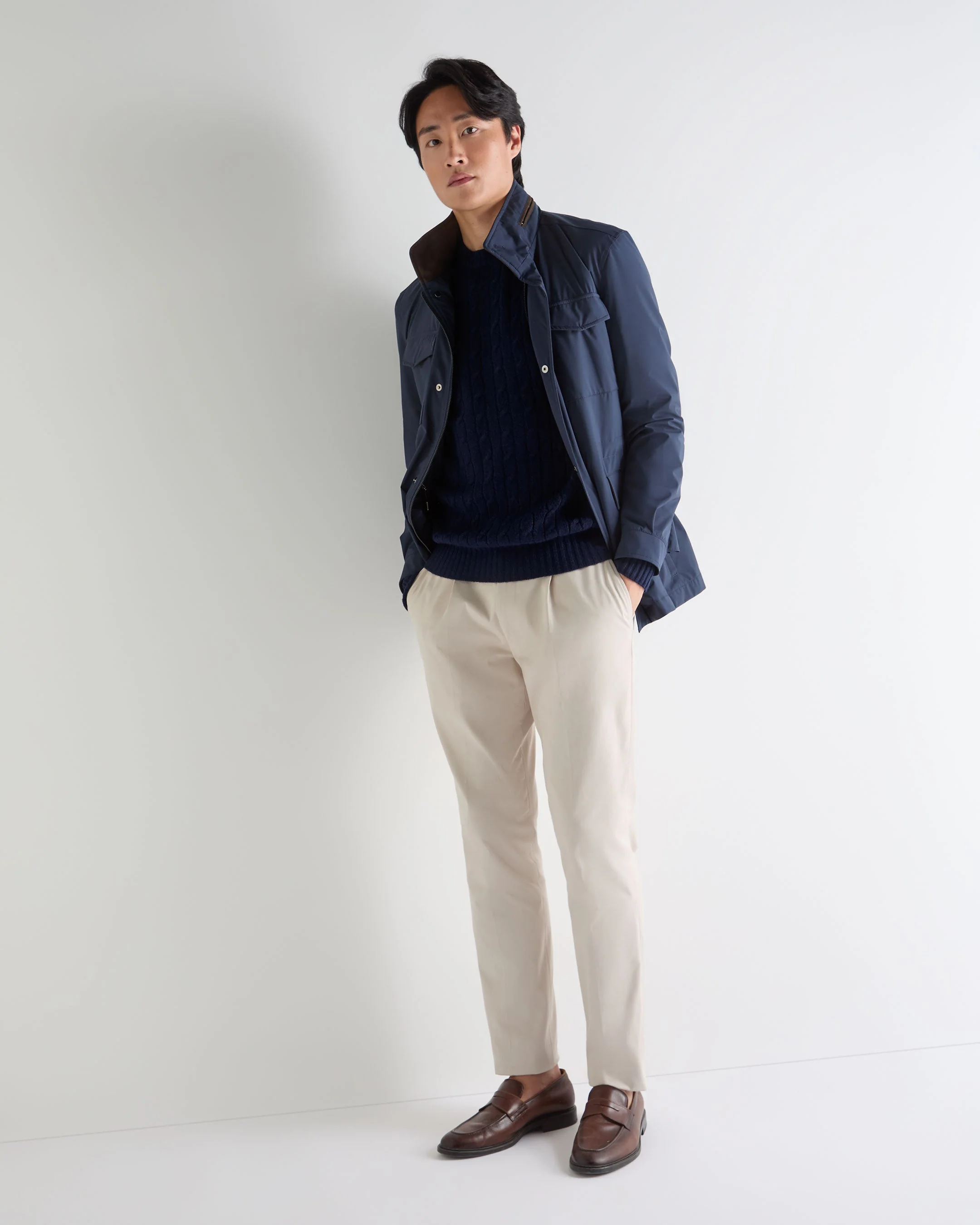 Men's Thames Cable Round Neck Cashmere Sweater Deep French Blue - Image 3