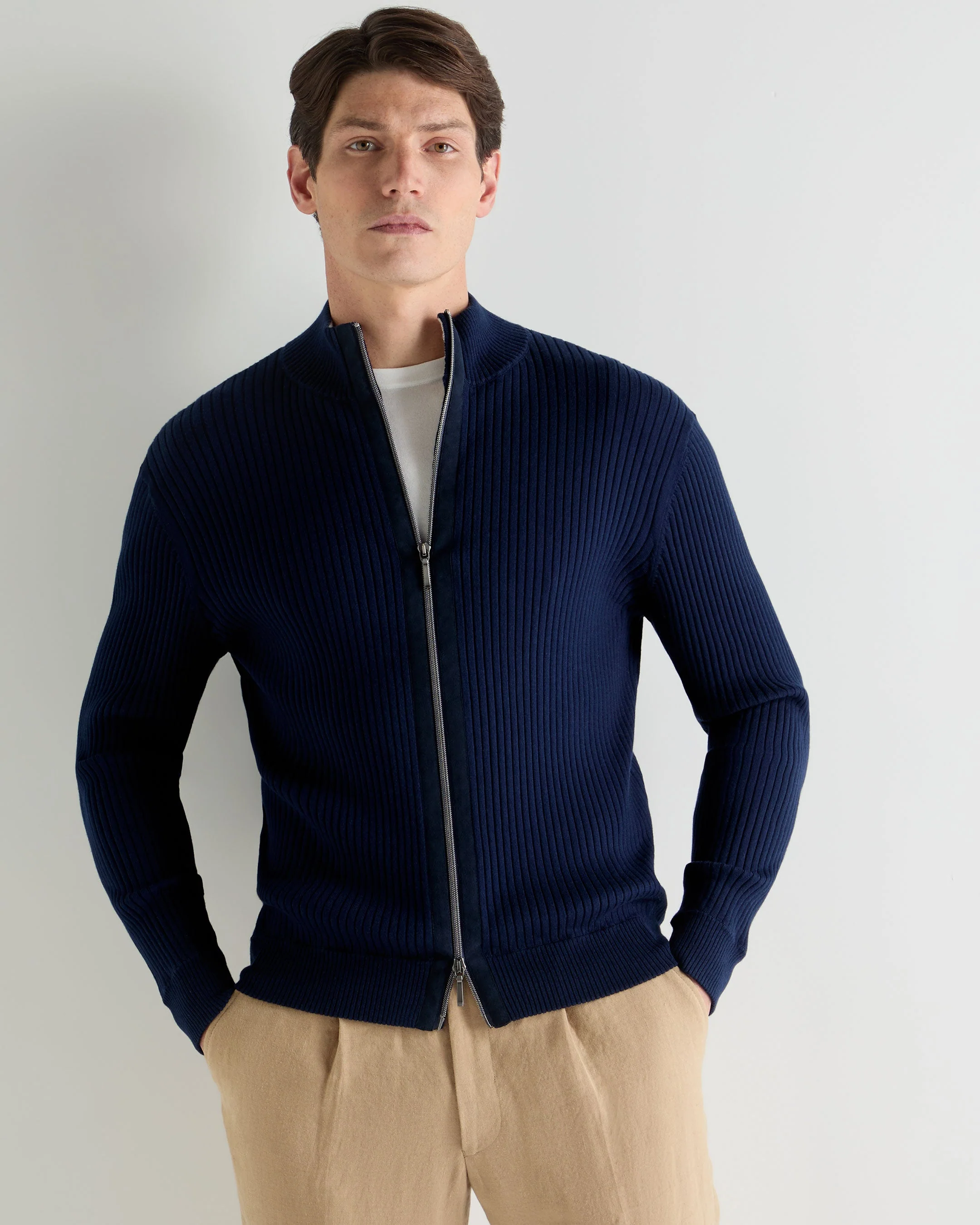 Men's Wide Rib Zip Through Cotton Blend Sweater Deep French Blue
