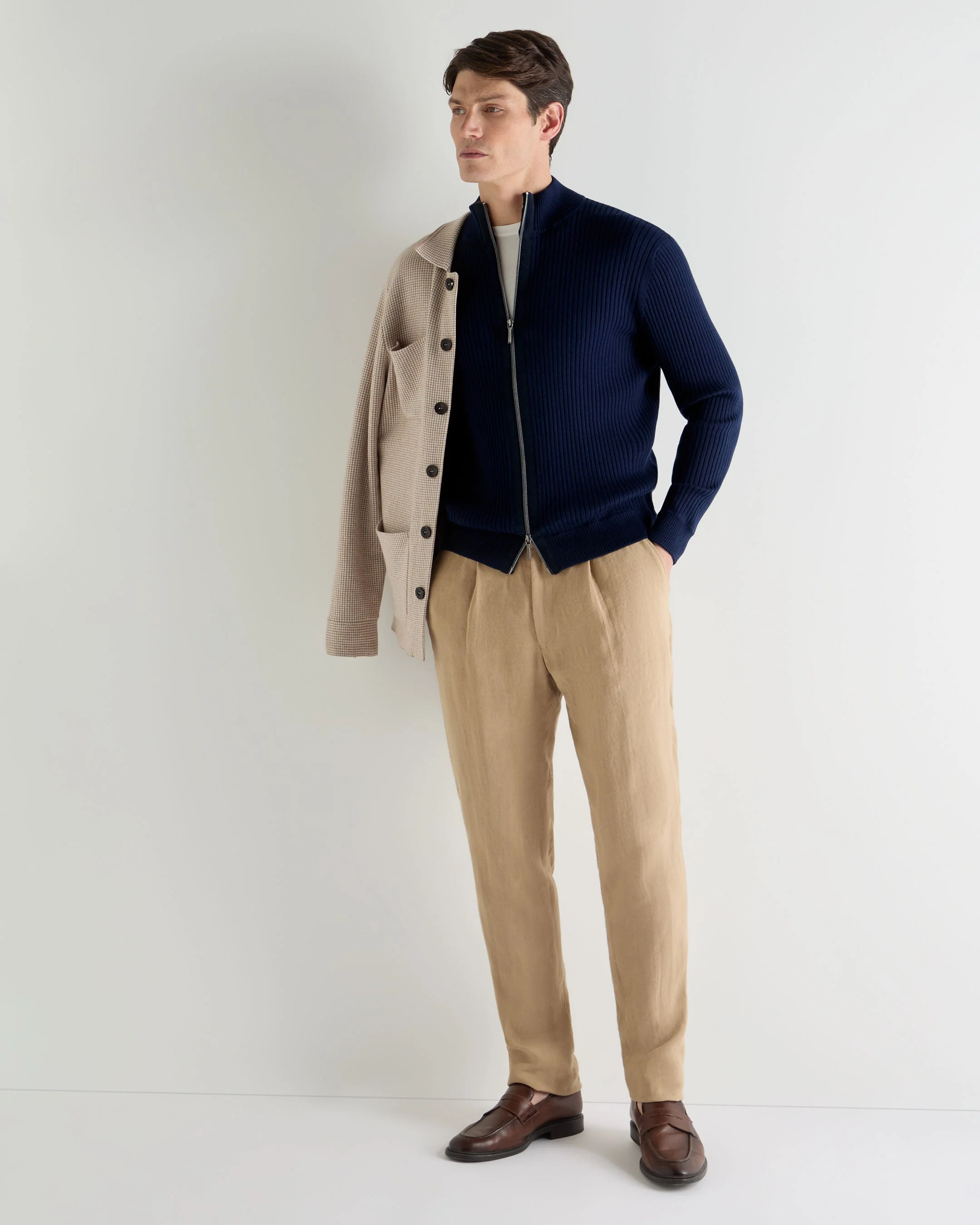 Men's Wide Rib Zip Through Cotton Blend Sweater Deep French Blue - Image 3