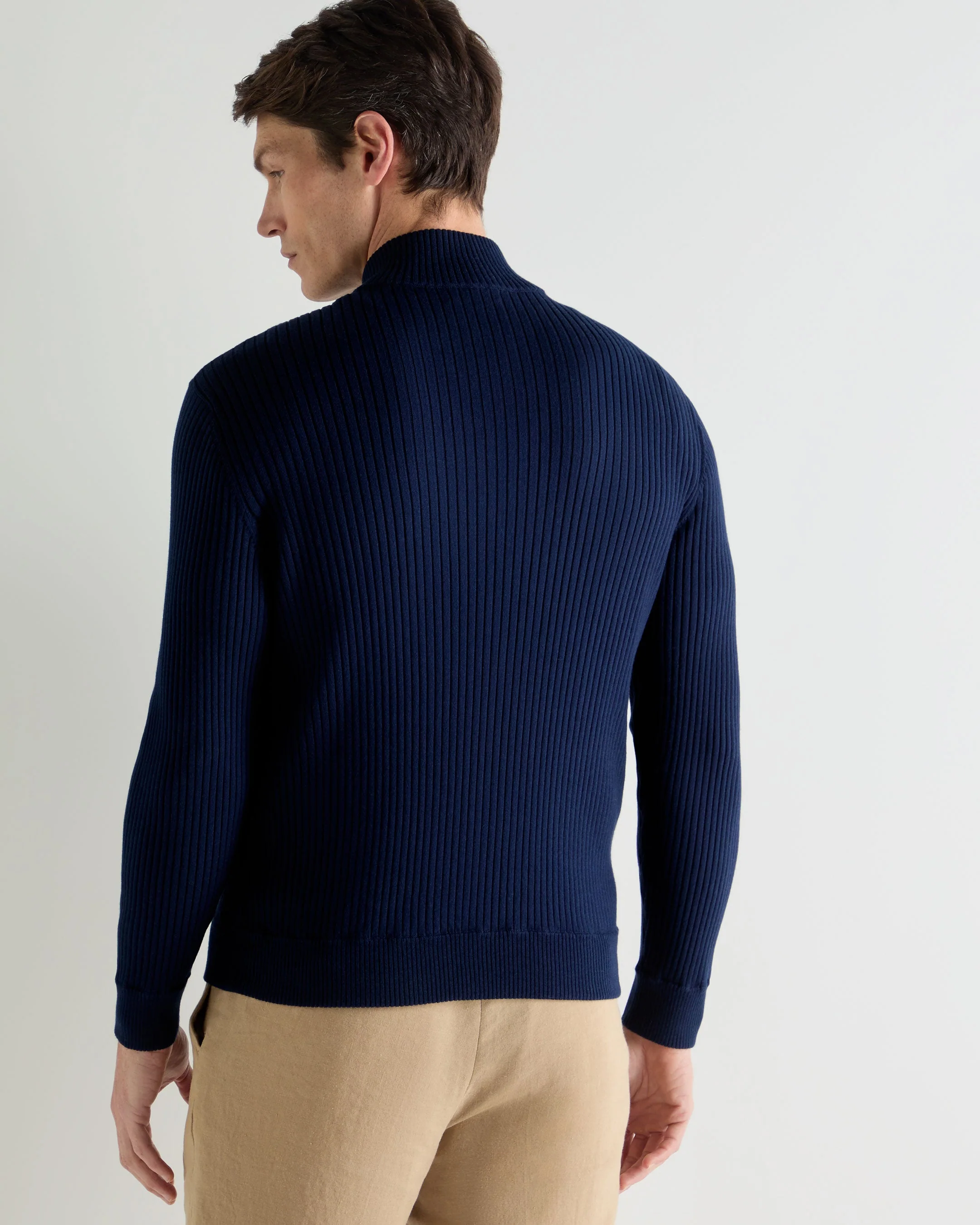 Men's Wide Rib Zip Through Cotton Blend Sweater Deep French Blue - Image 4