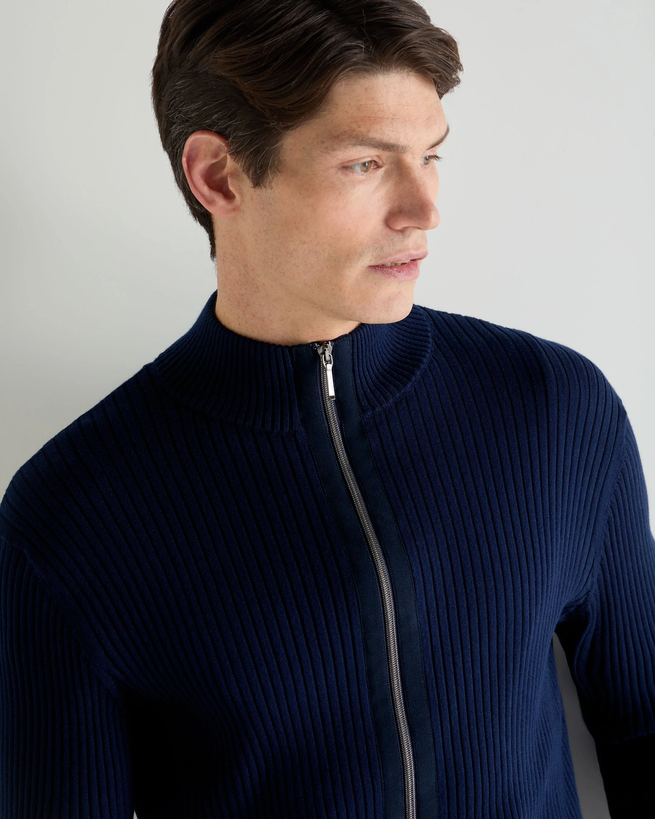 Men's Wide Rib Zip Through Cotton Blend Sweater Deep French Blue - Image 5
