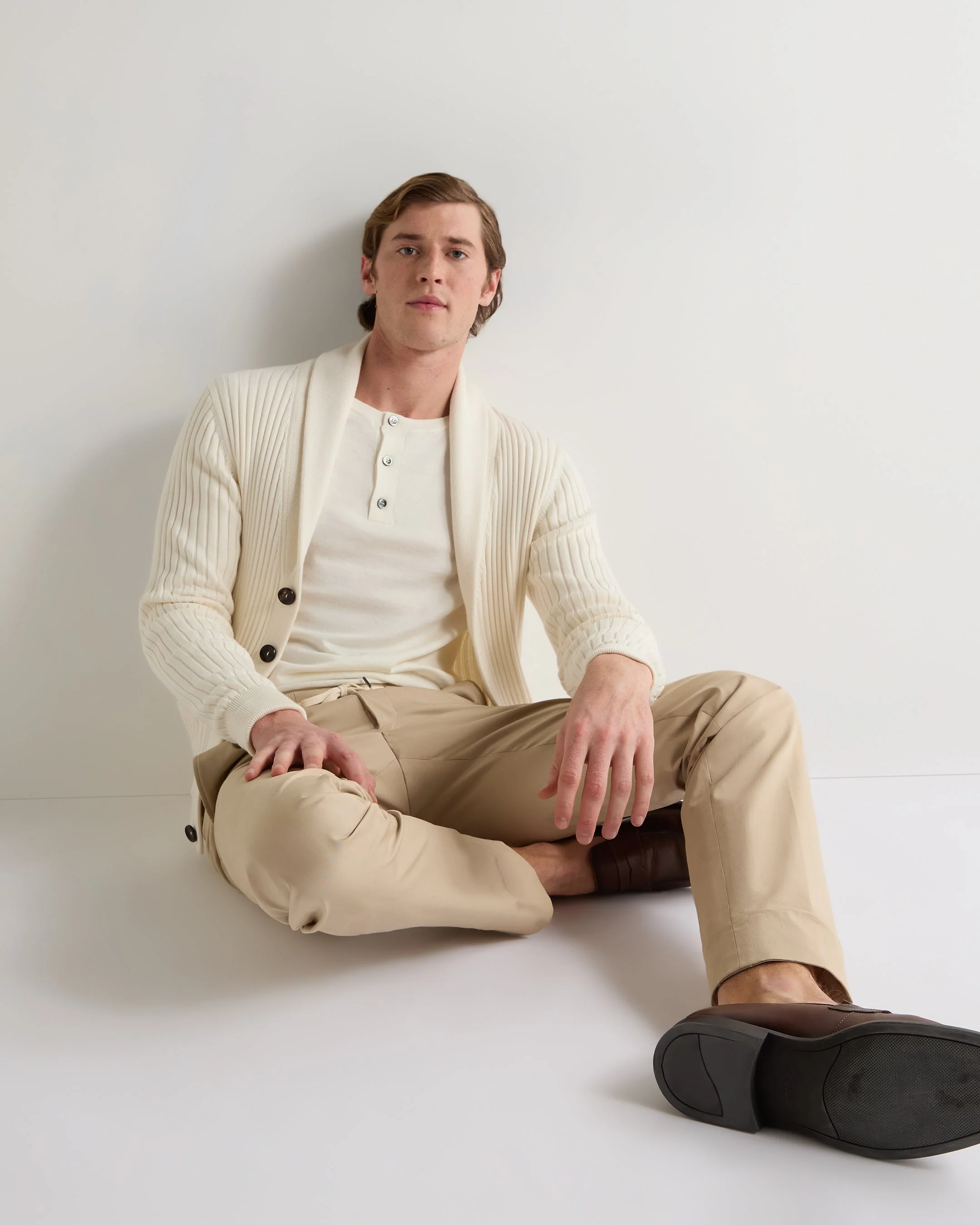 007 Round Neck Cotton Cashmere Henley New Ivory White - Image 3