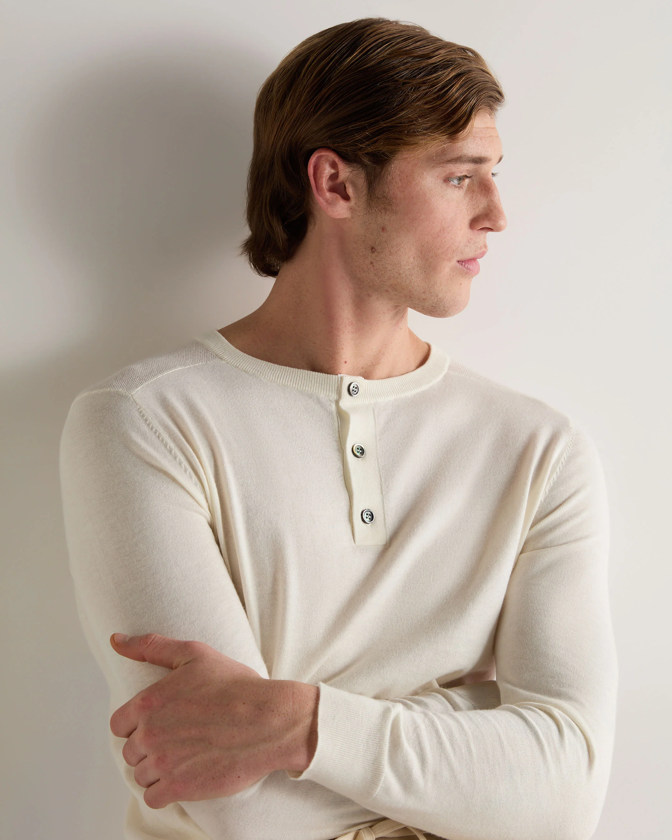 007 Round Neck Cotton Cashmere Henley New Ivory White - Image 5
