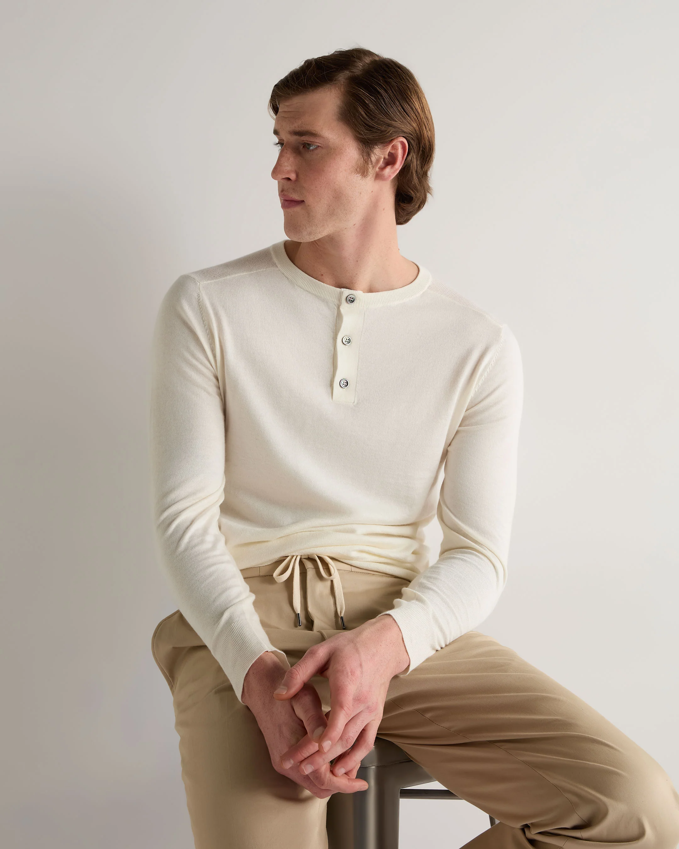007 Round Neck Cotton Cashmere Henley New Ivory White - Image 8