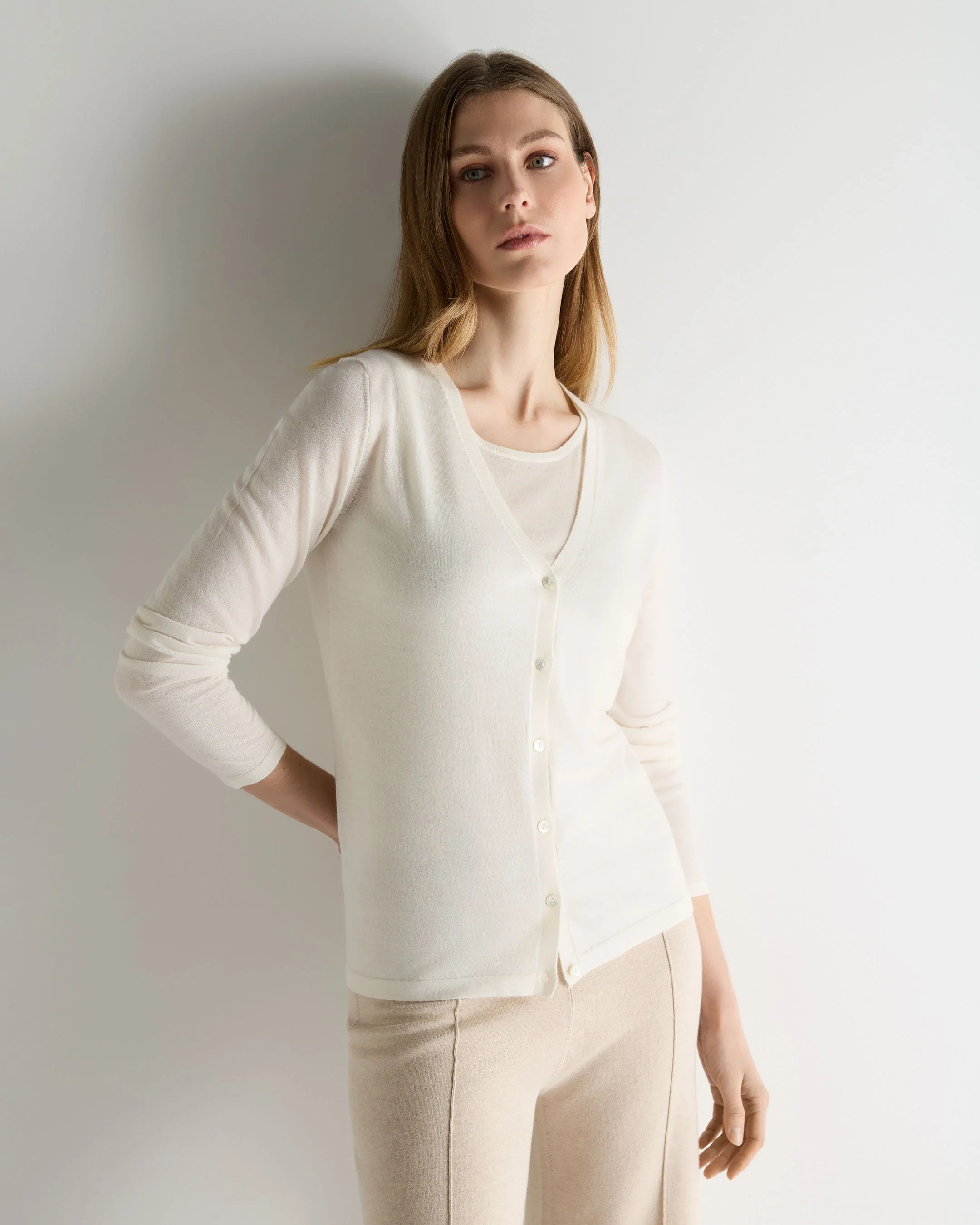 Women's Mia Superfine Cashmere V Neck Cardigan New Ivory White