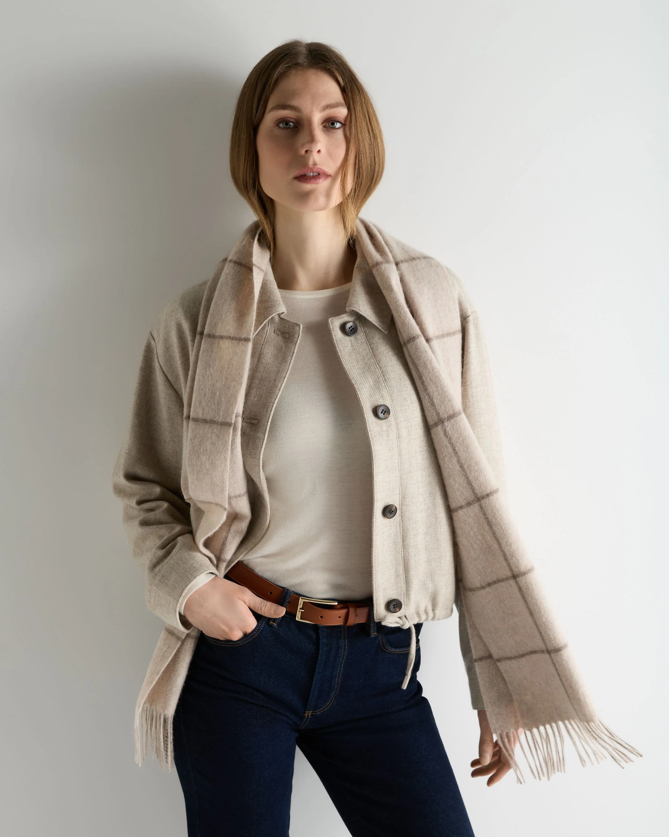 Unisex Cashmere Check Scarf Ecru White + Brown - Image 2