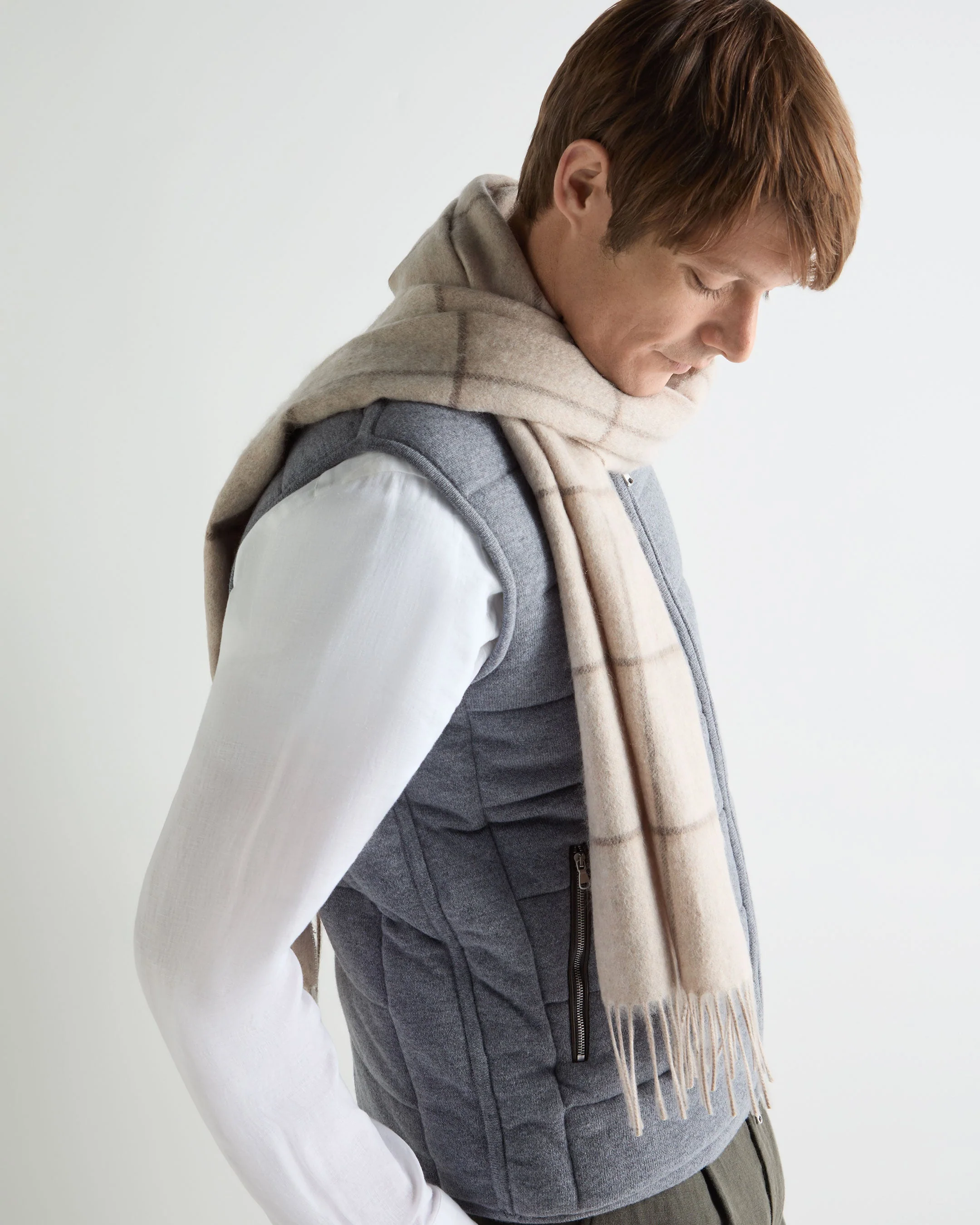 Unisex Cashmere Check Scarf Ecru White + Brown - Image 3