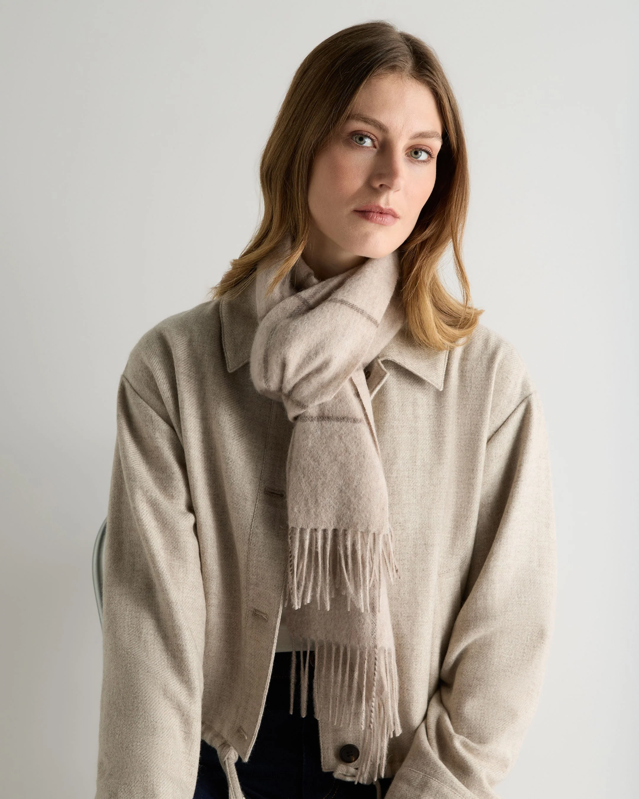 Unisex Cashmere Check Scarf Ecru White + Brown - Image 4